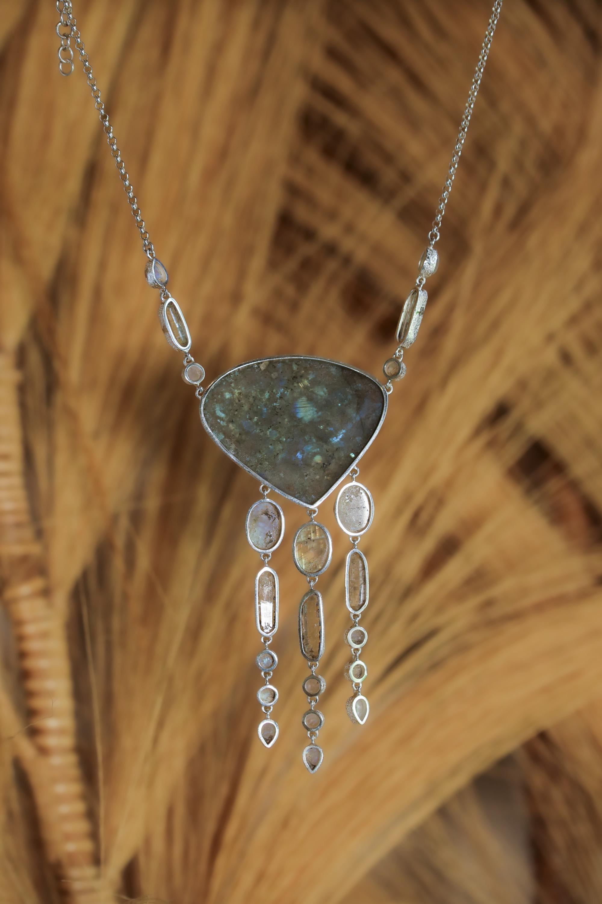 Labradorite Moonstone Quartz Necklace, 925 Sterling Silver Rolo Chain, Handmade