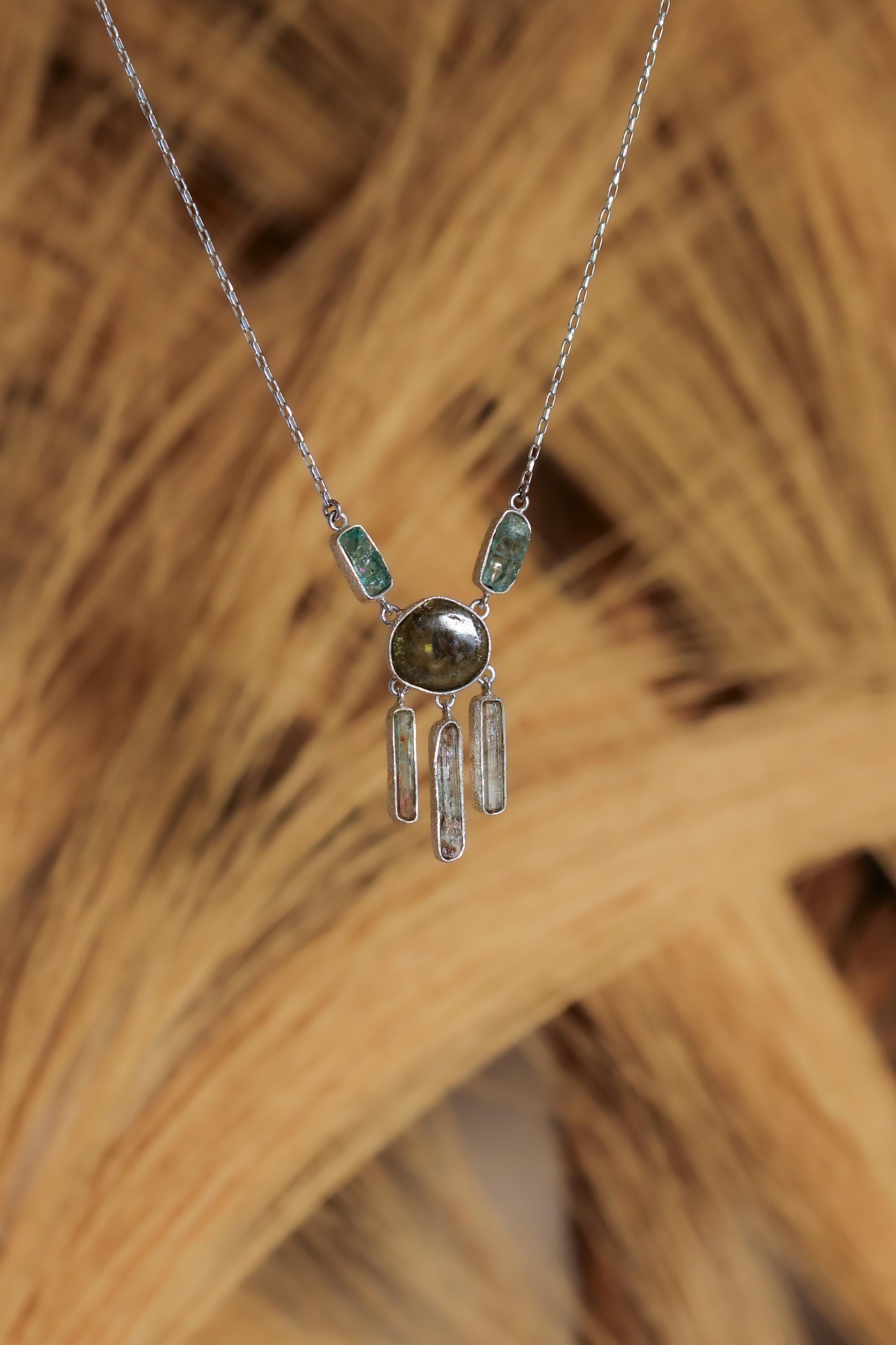Tourmaline Apatite Aquamarine Necklace, 925 Silver Box Chain, Handmade