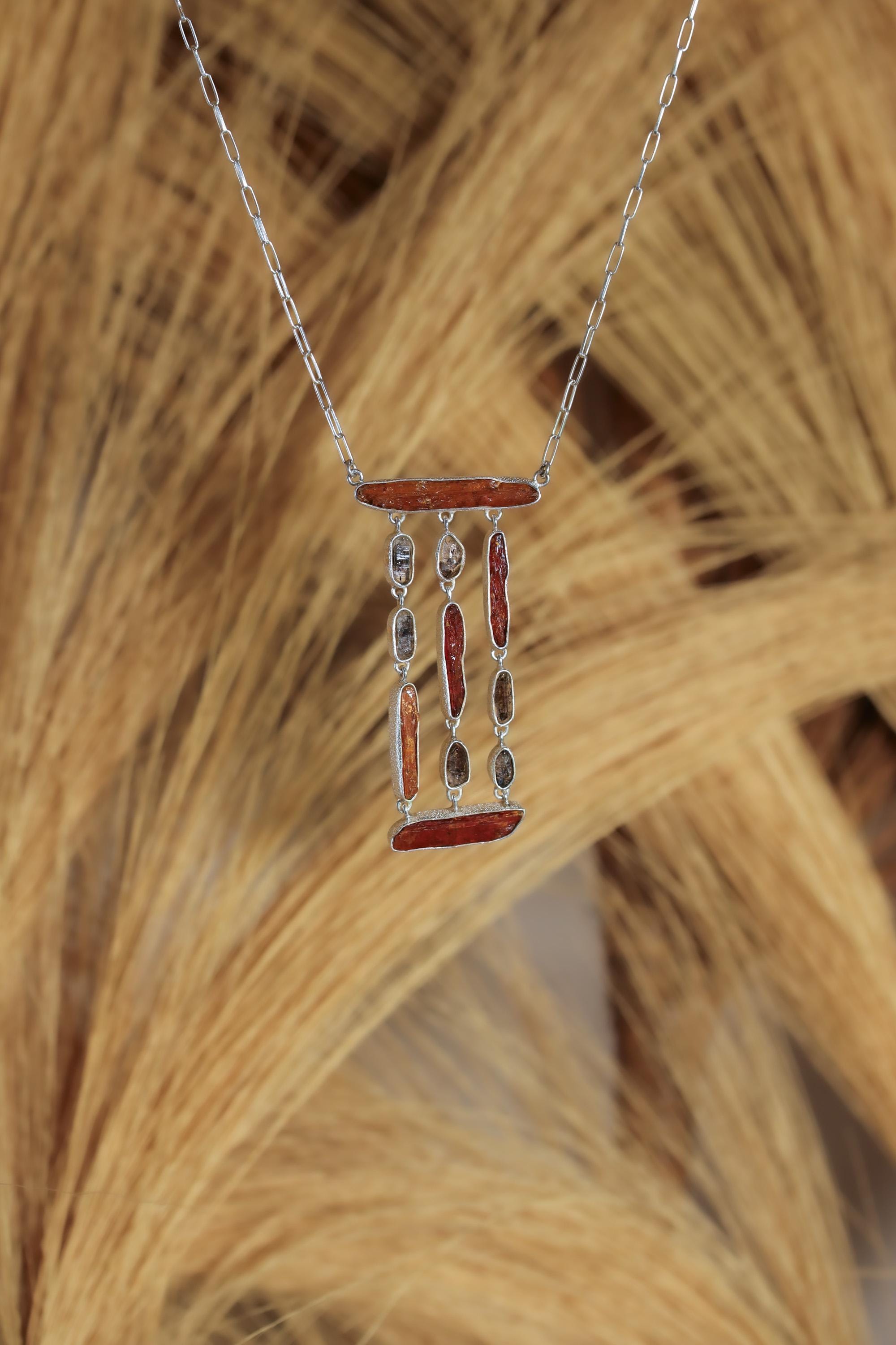 Red Kyanite & Petroleum Quartz Dangle Necklace, Sterling Silver Boho Jewelry