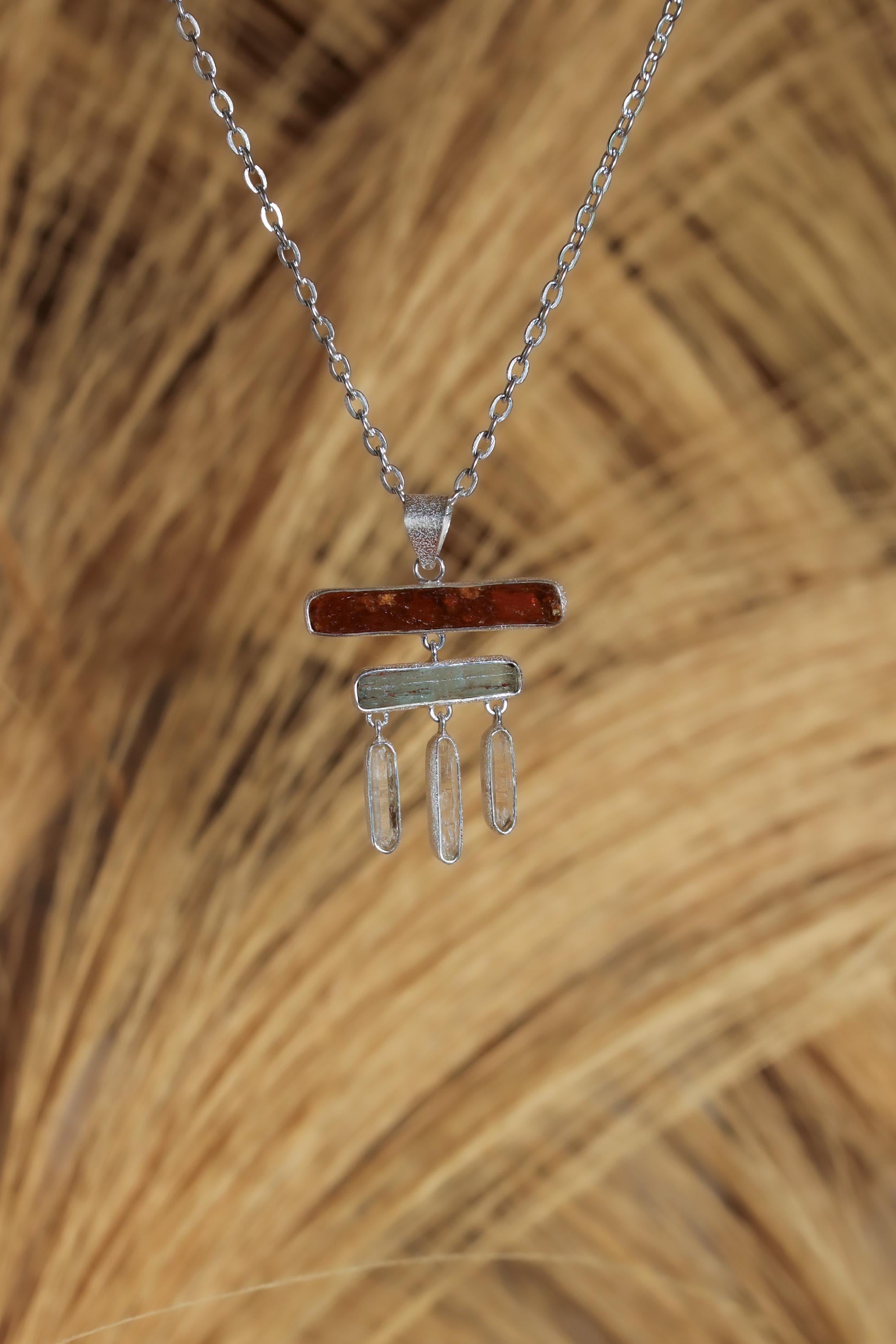 Raw Red Kyanite Aquamarine Pendant: Sterling Silver Healing Necklace