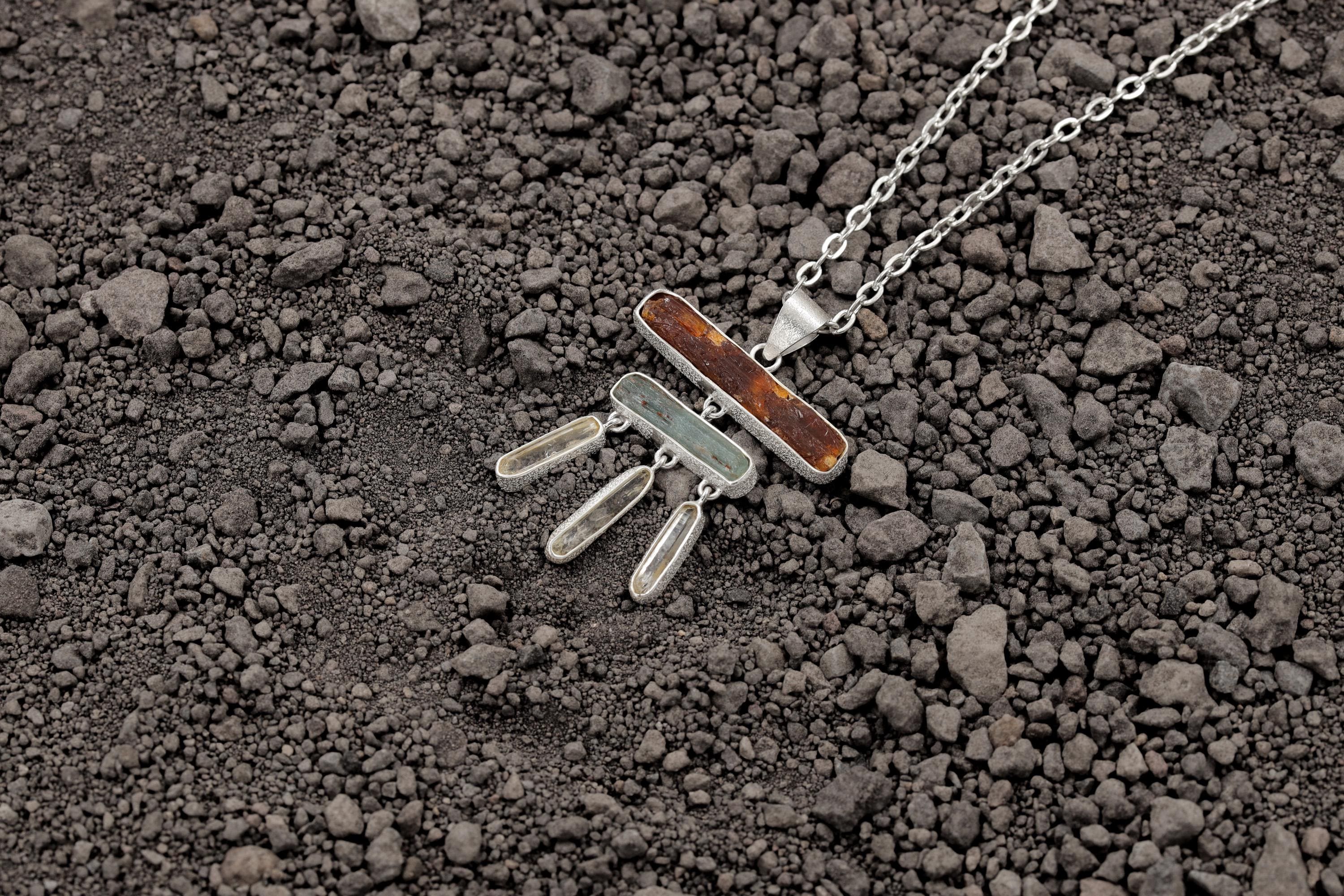Raw Red Kyanite Aquamarine Pendant: Sterling Silver Healing Necklace