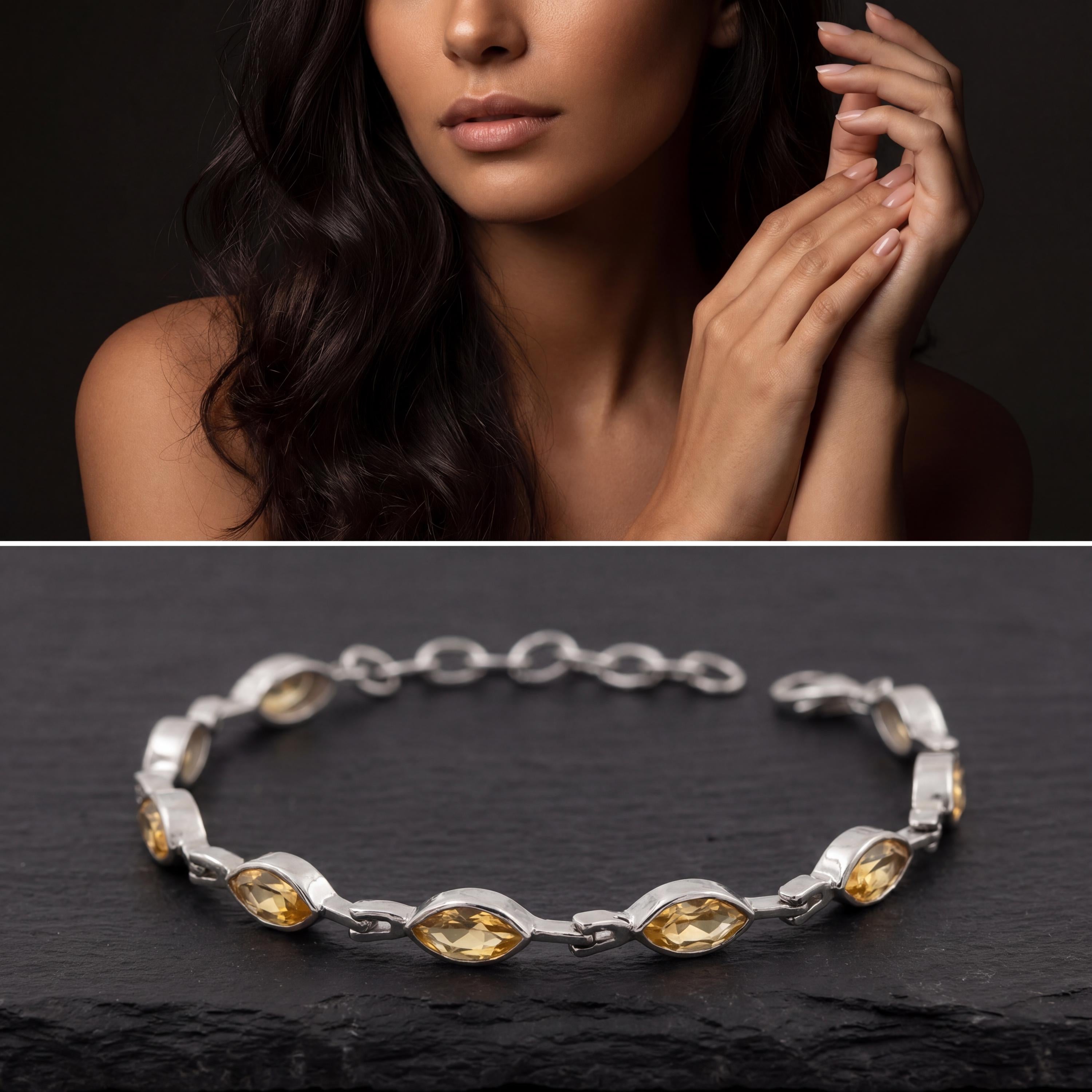 Citrine Bracelet 925 Sterling Silver Natural Non Heat Treated Faceted Marquise Gemstone Solar Plexus Chakra Jewelry Gift