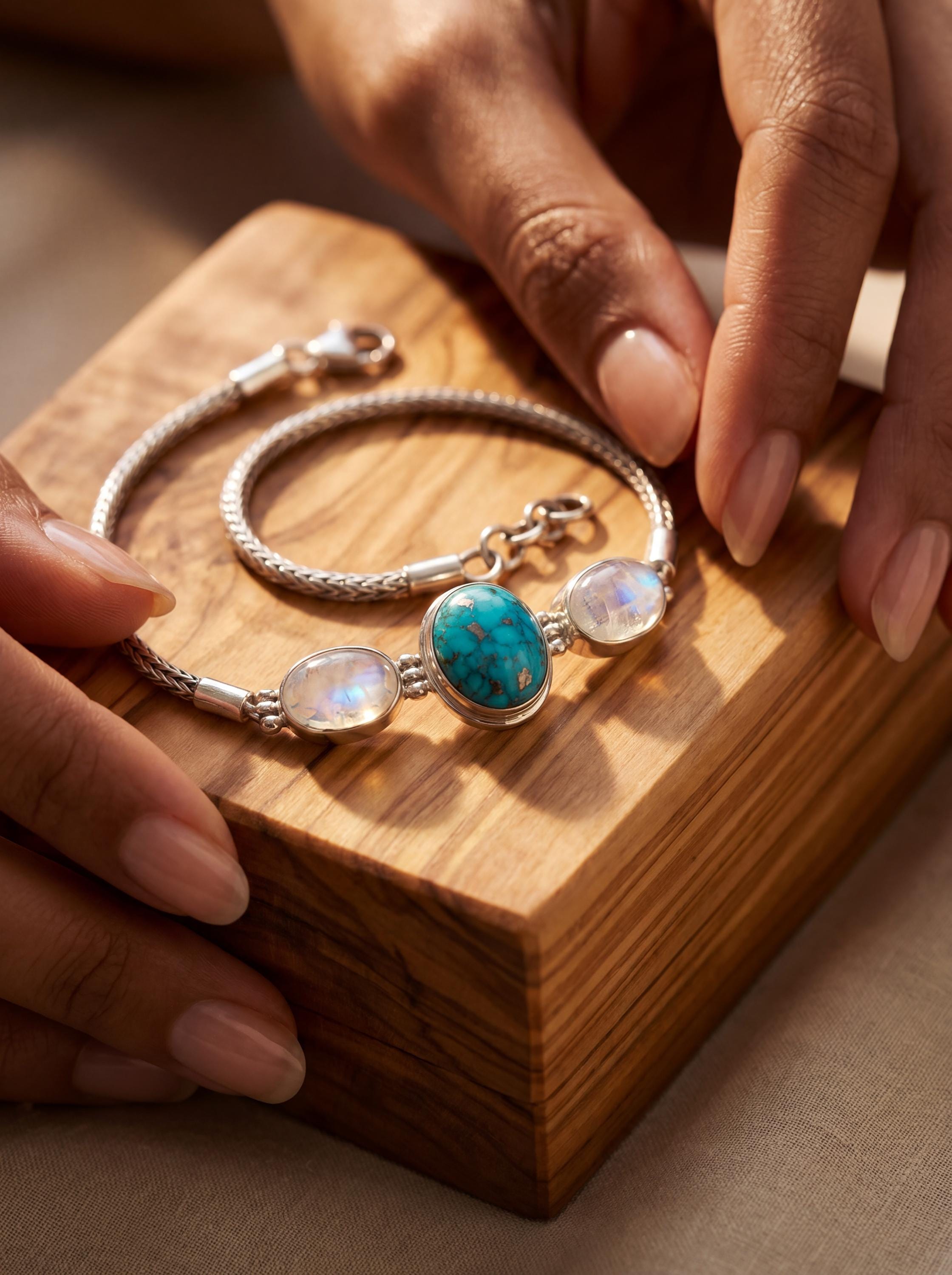 Turquoise Moonstone Silver Bracelet, Snake Chain Bracelet, 925 Sterling Silver, Oval Turquoise Center, Moonstone Bracelet, Healing Jewelry