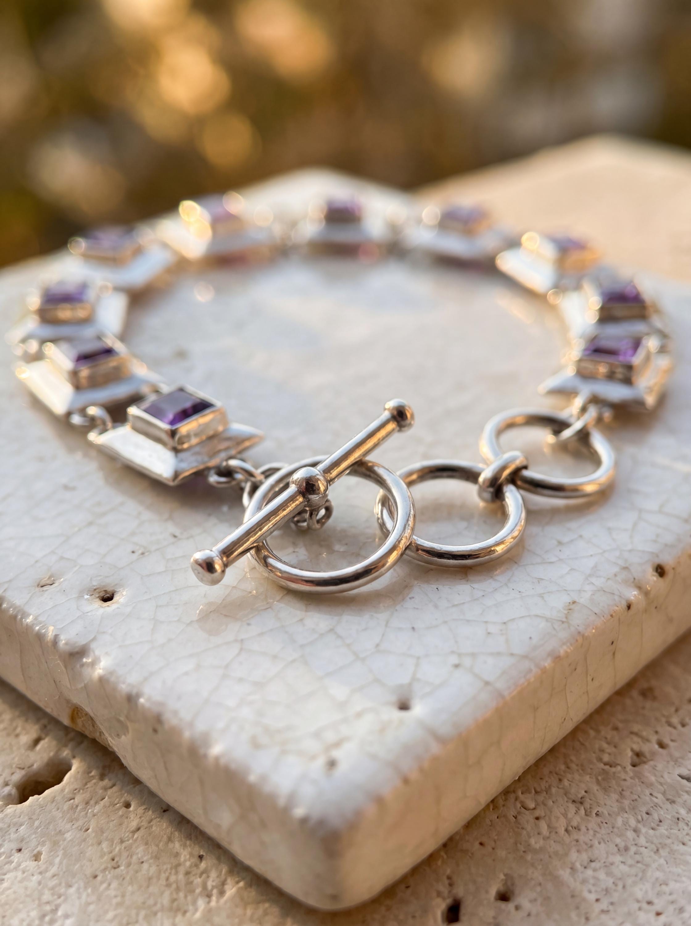 Square Amethyst Link Bracelet 925 Sterling Silver Purple Crystal Bracelet Crown Chakra Jewelry High Shine Gemstone Tennis Bracelet