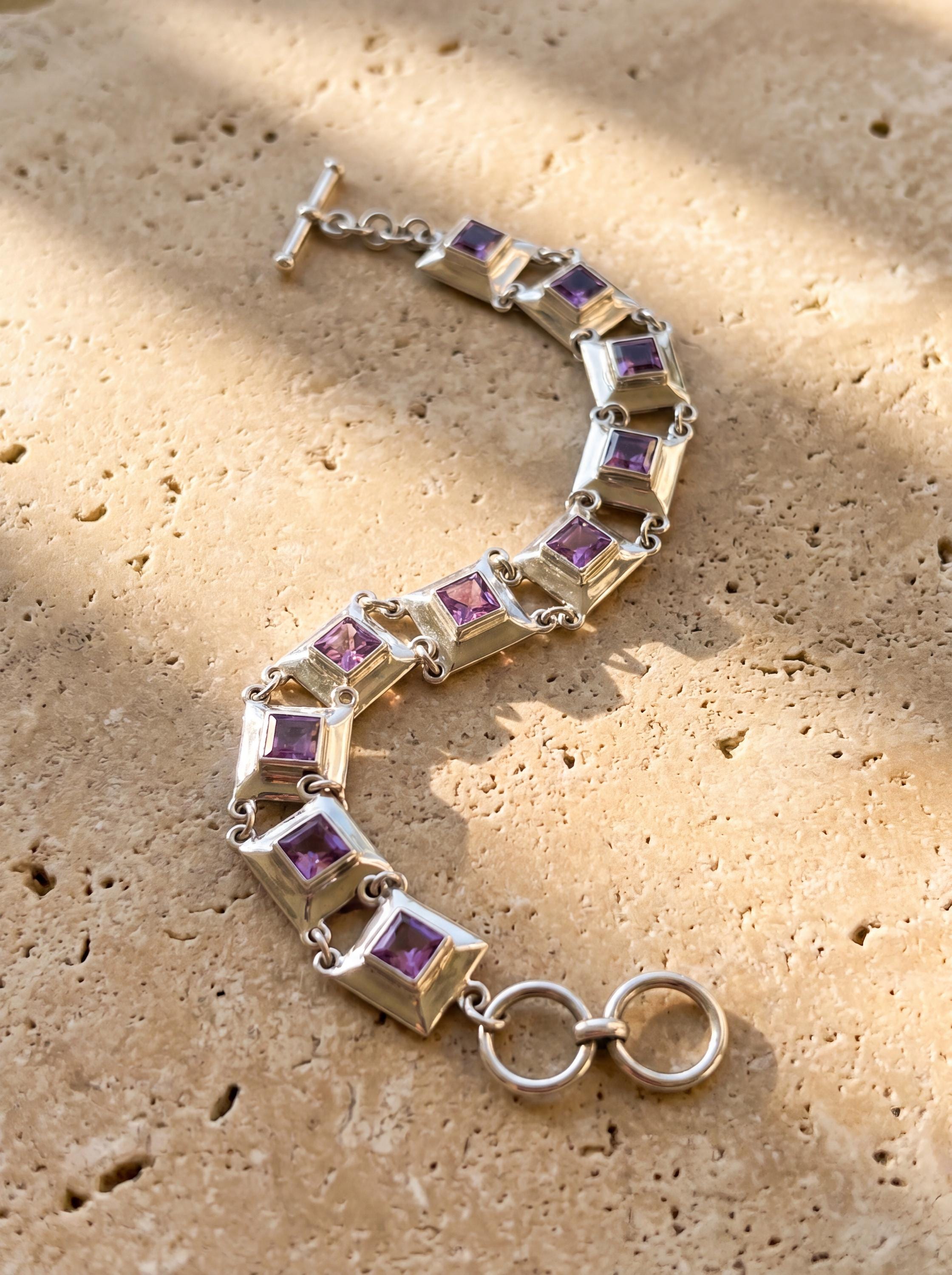 Square Amethyst Link Bracelet 925 Sterling Silver Purple Crystal Bracelet Crown Chakra Jewelry High Shine Gemstone Tennis Bracelet