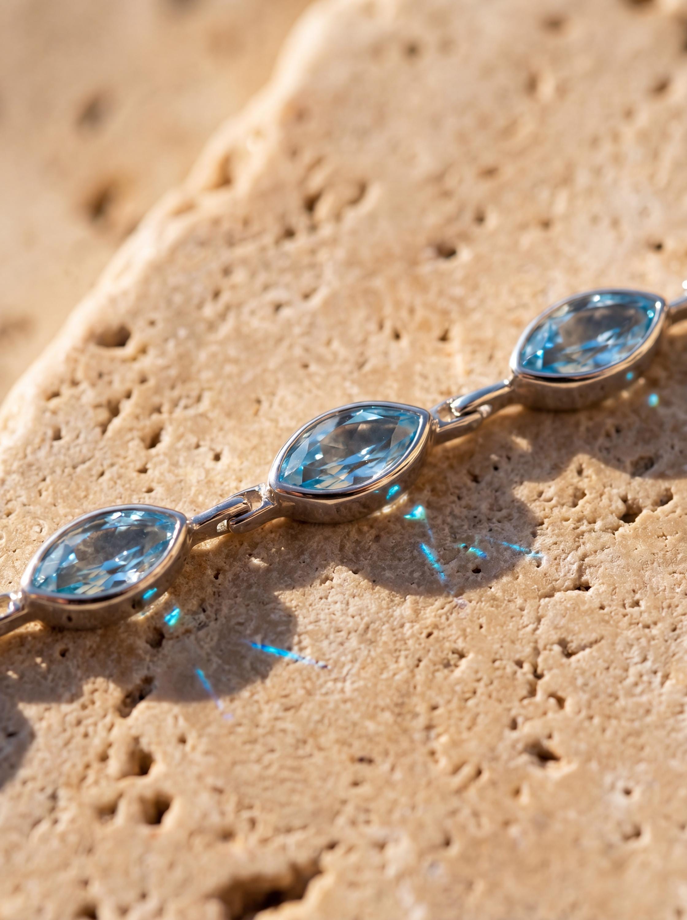 Blue Topaz Marquise Bracelet 925 Sterling Silver Faceted Blue Topaz Link Bracelet High Shine Polish Lobster Clasp December Birthstone Gift