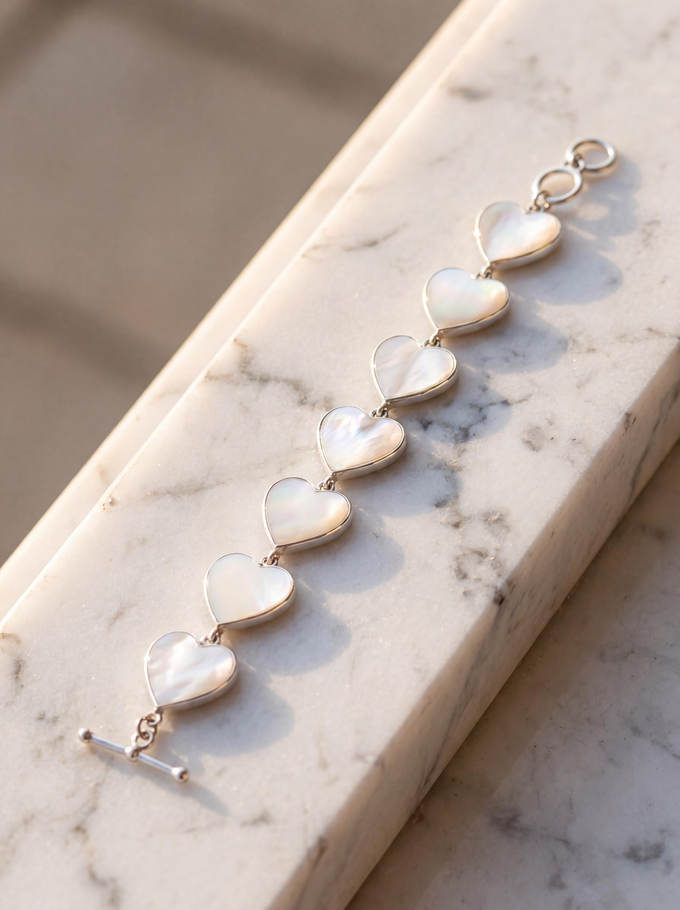 Mother of Pearl Heart Bracelet 925 Silver Love Link Bracelet High Shine Polish Toggle Clasp Romantic Jewelry Gift Heart Chakra
