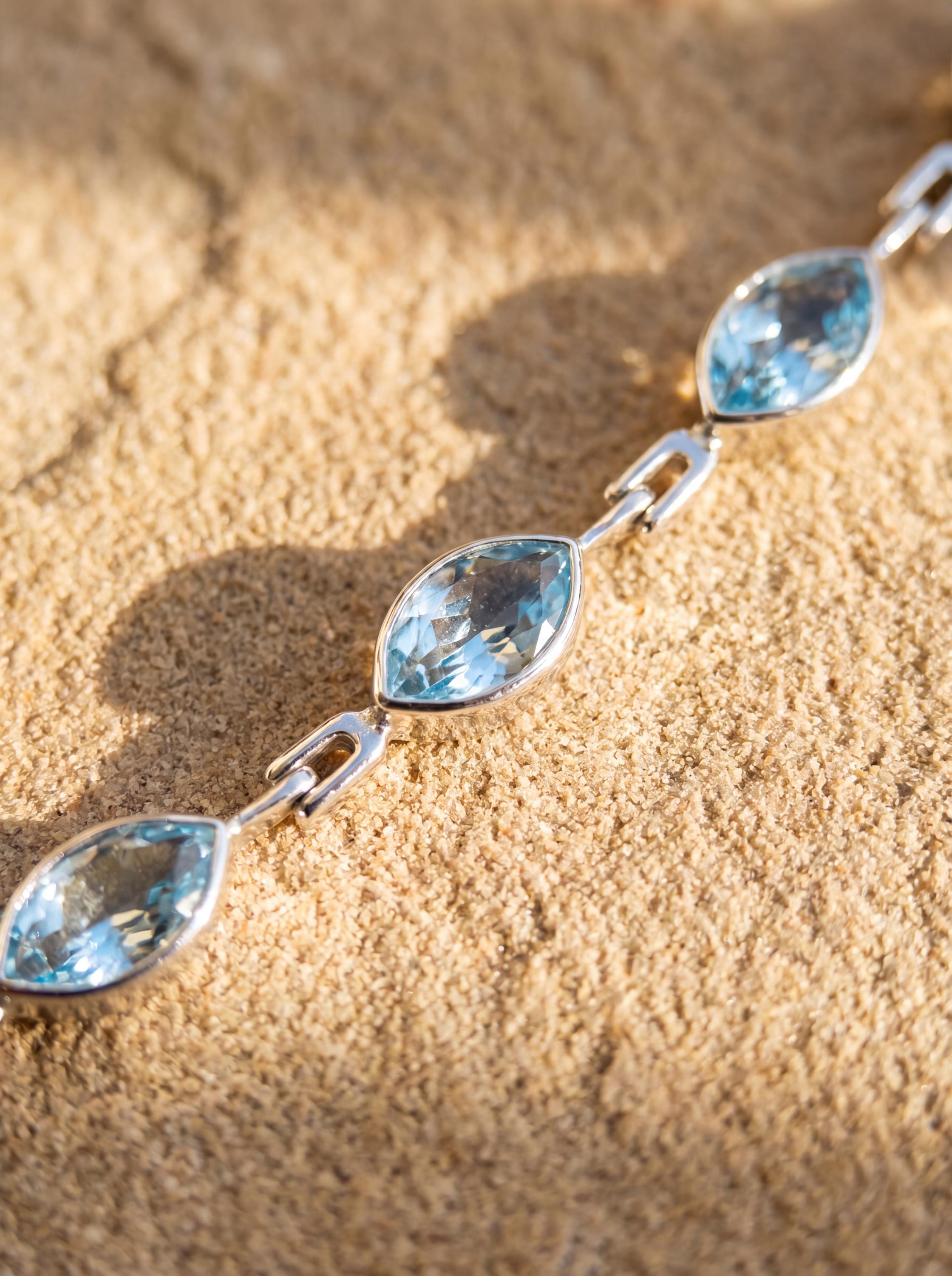 Blue Topaz Marquise Bracelet 925 Sterling Silver Faceted Blue Topaz Link Bracelet High Shine Polish Lobster Clasp December Birthstone Gift