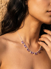 Amethyst 7 Stone Necklace 925 Silver Cable Chain Square Cut Gemstone Necklace Crown Chakra Purple Jewelry Gift