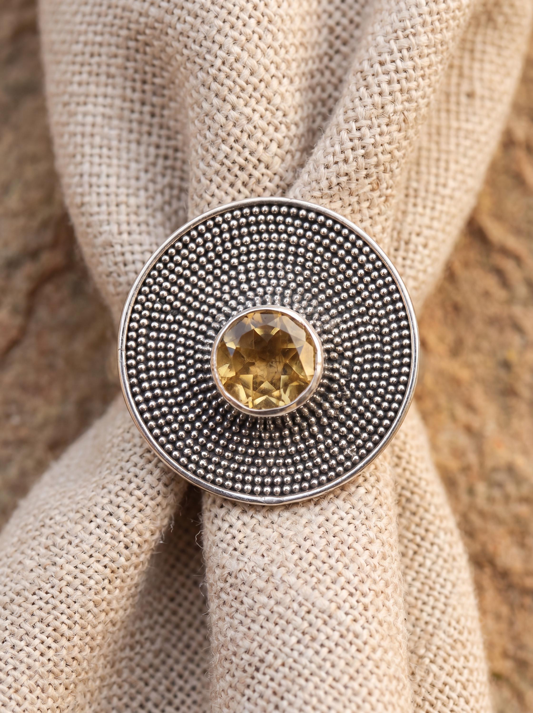 Adjustable Citrine Ring 925 Sterling Silver Solar Disc Statement Ring Faceted Gemstone Solar Plexus Chakra Jewelry Gift
