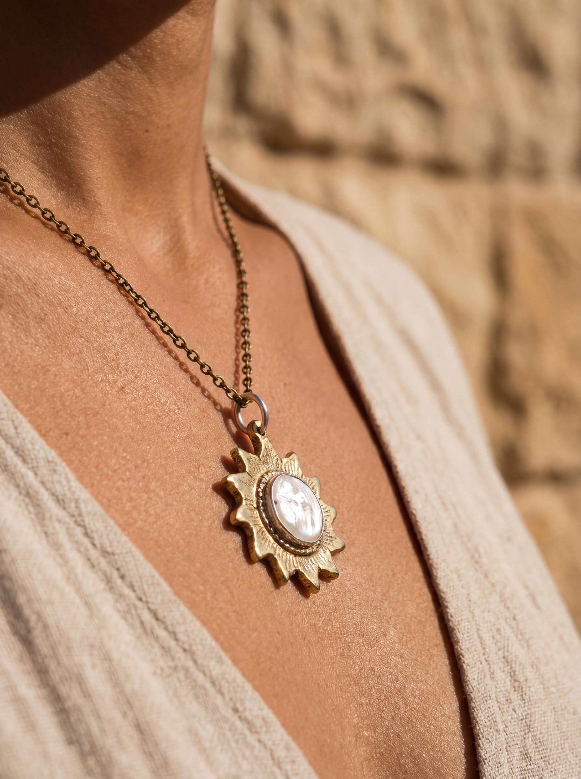 Gold-Plated Brass Sun Pendant: Mother-of-Pearl Stone