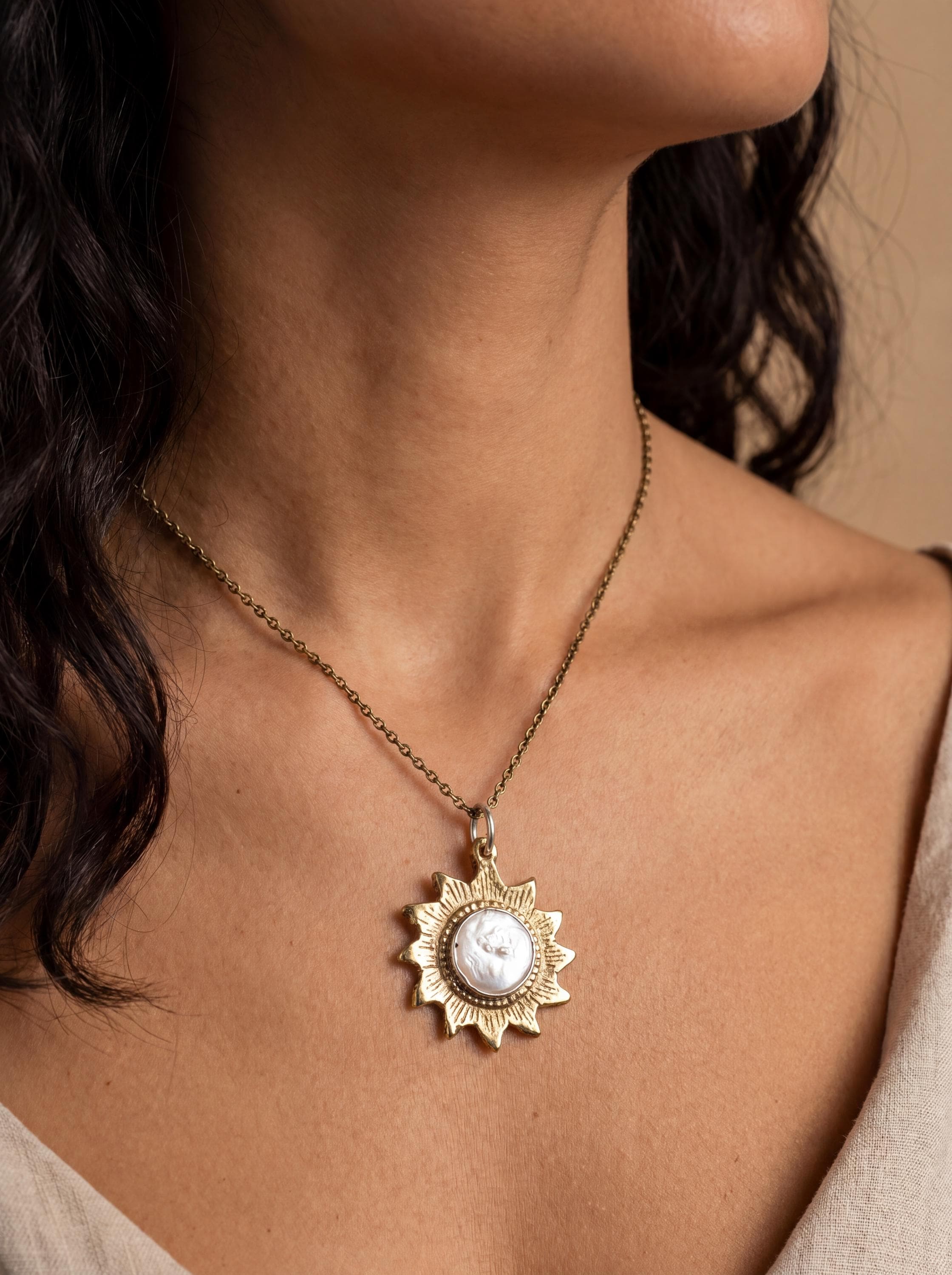 Gold-Plated Brass Sun Pendant: Mother-of-Pearl Stone