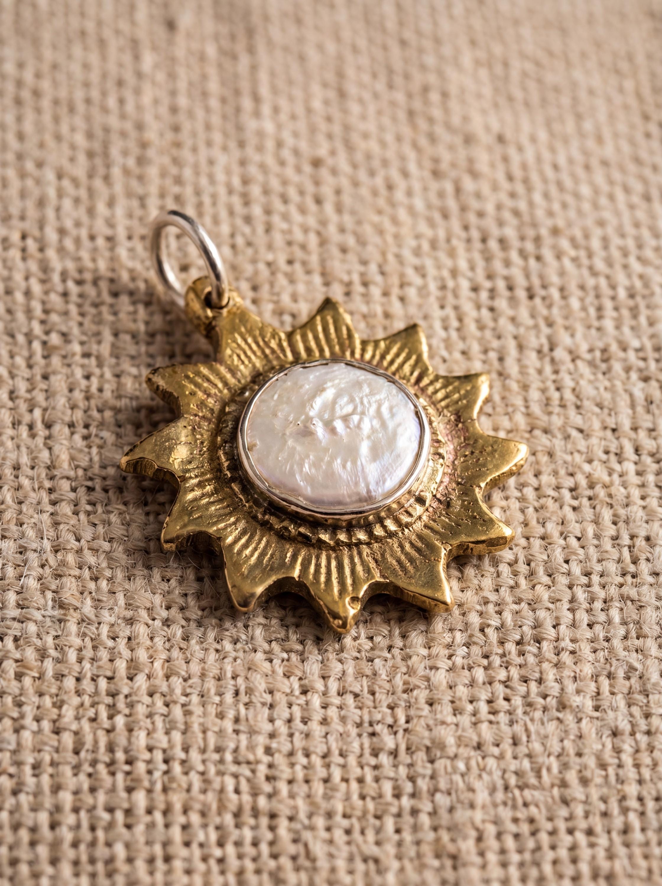 Gold-Plated Brass Sun Pendant: Mother-of-Pearl Stone