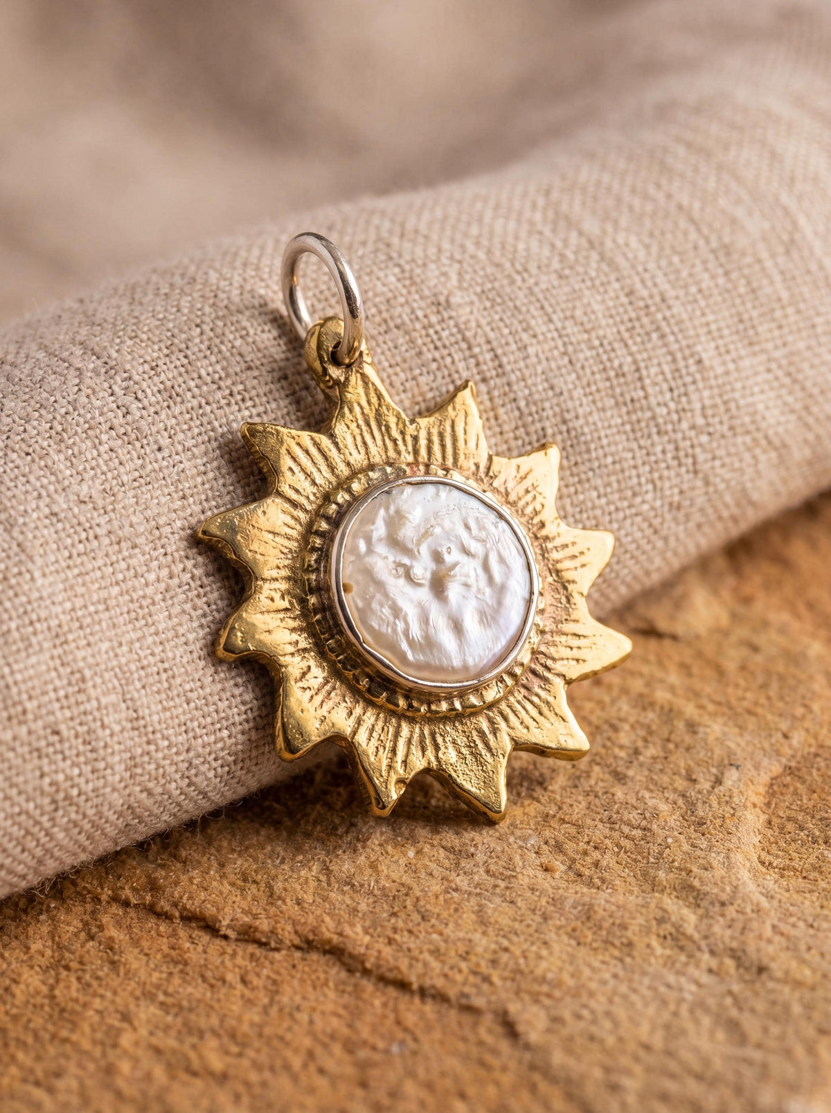 Gold-Plated Brass Sun Pendant: Mother-of-Pearl Stone