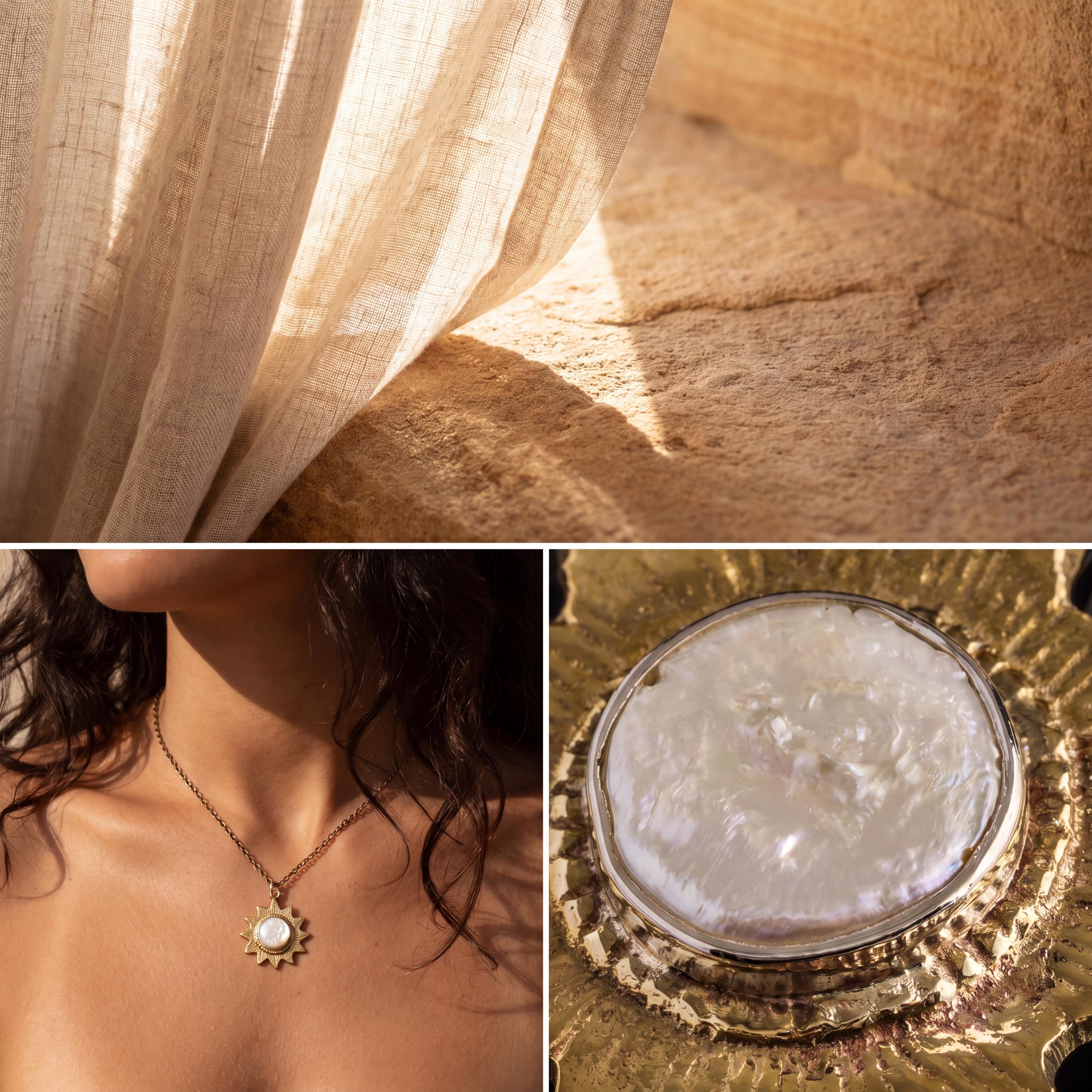 Gold-Plated Brass Sun Pendant: Mother-of-Pearl Stone