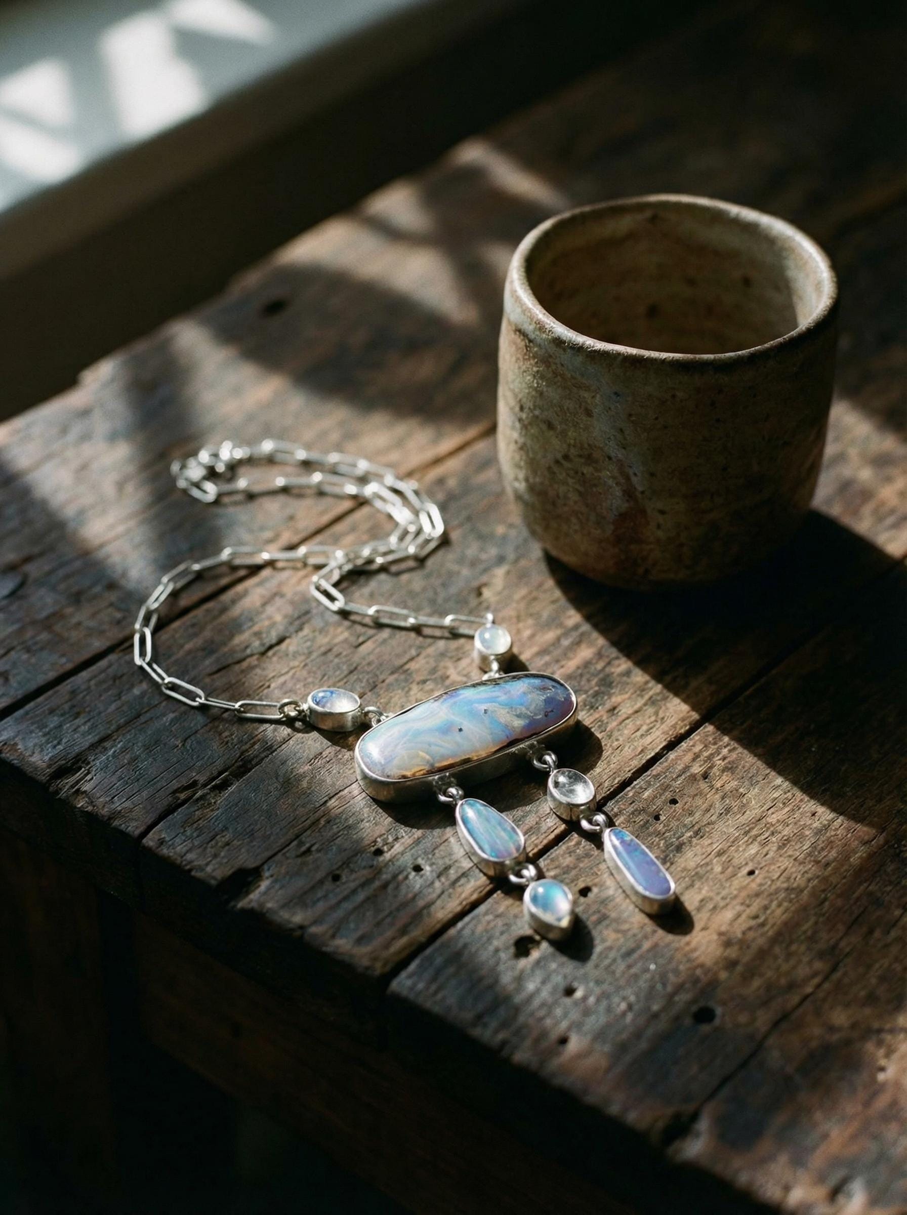 Boulder Opal Moonstone Pendant: Sterling Silver Galactic Jewelry