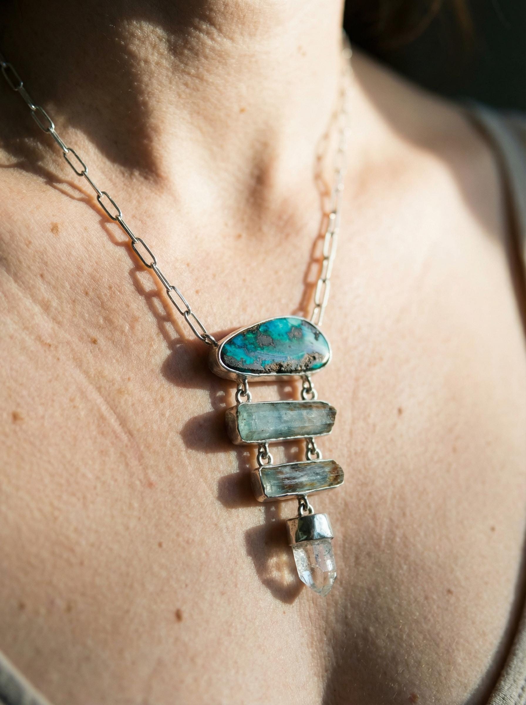 Boulder Opal Pendant: Aquamarine, Lemurian Quartz, Sterling Silver Necklace