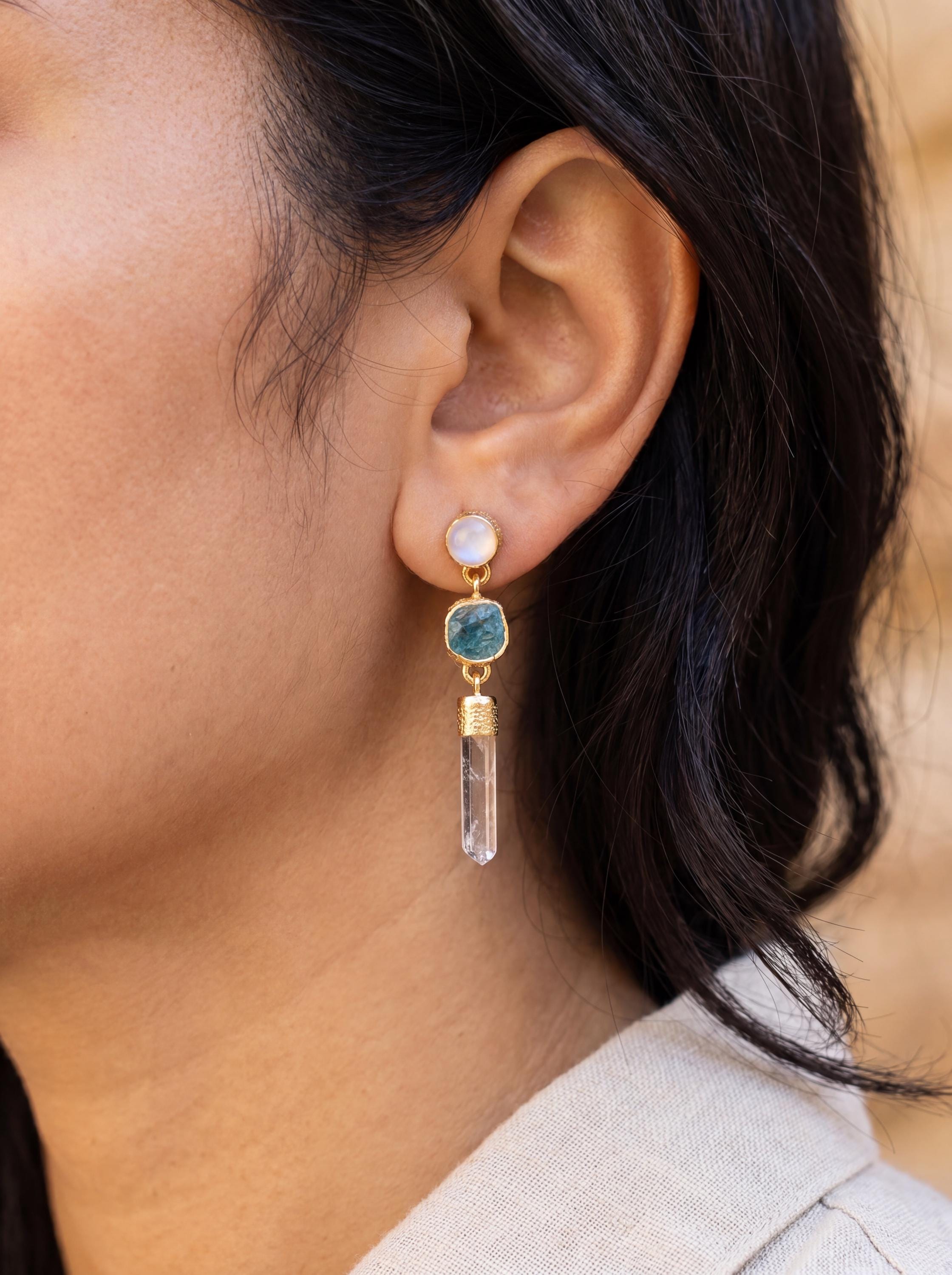 Moonstone Apatite Quartz Earrings, Sand Textured Sterling Silver, Gold Plated