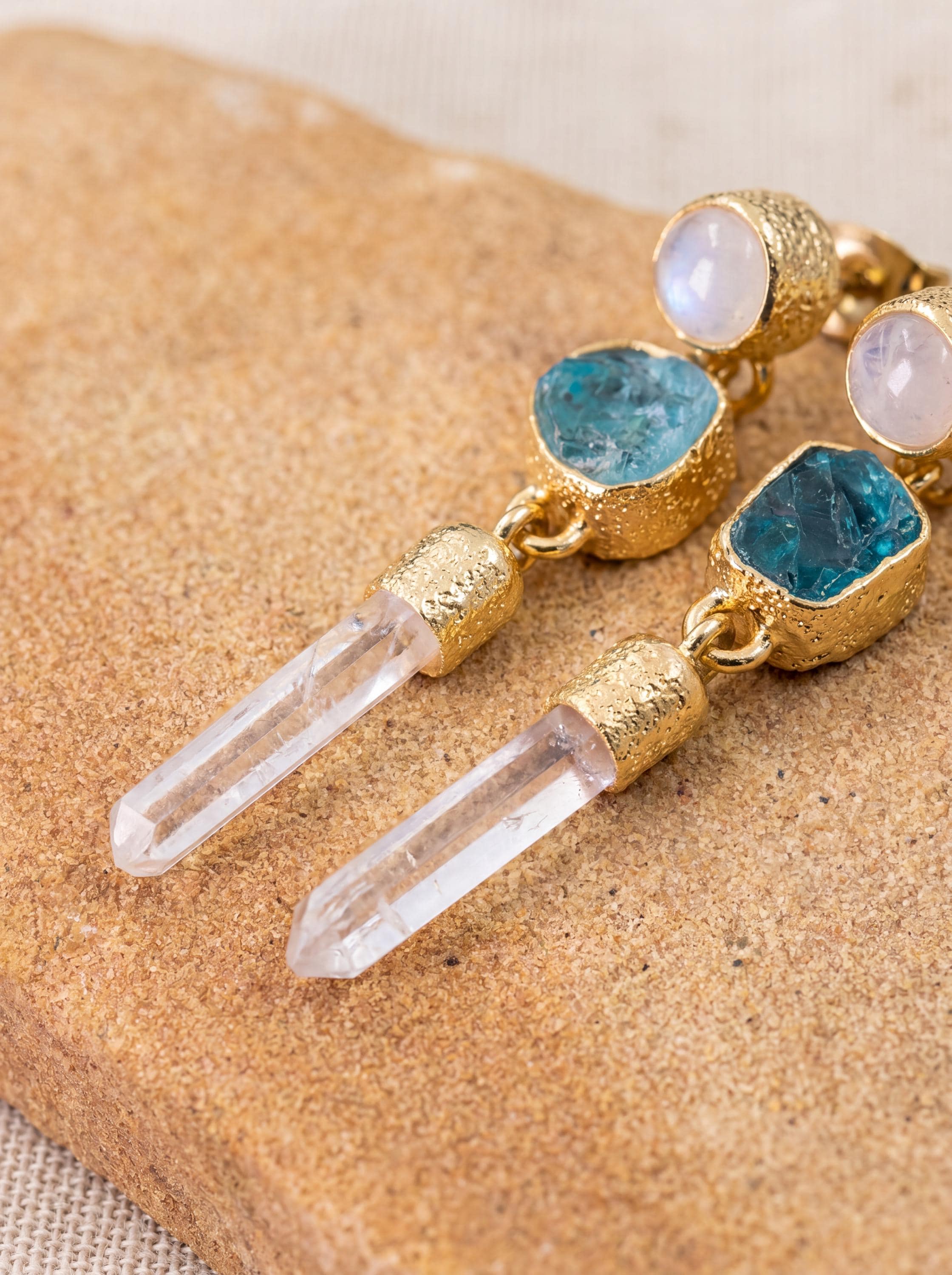 Moonstone Apatite Quartz Earrings, Sand Textured Sterling Silver, Gold Plated