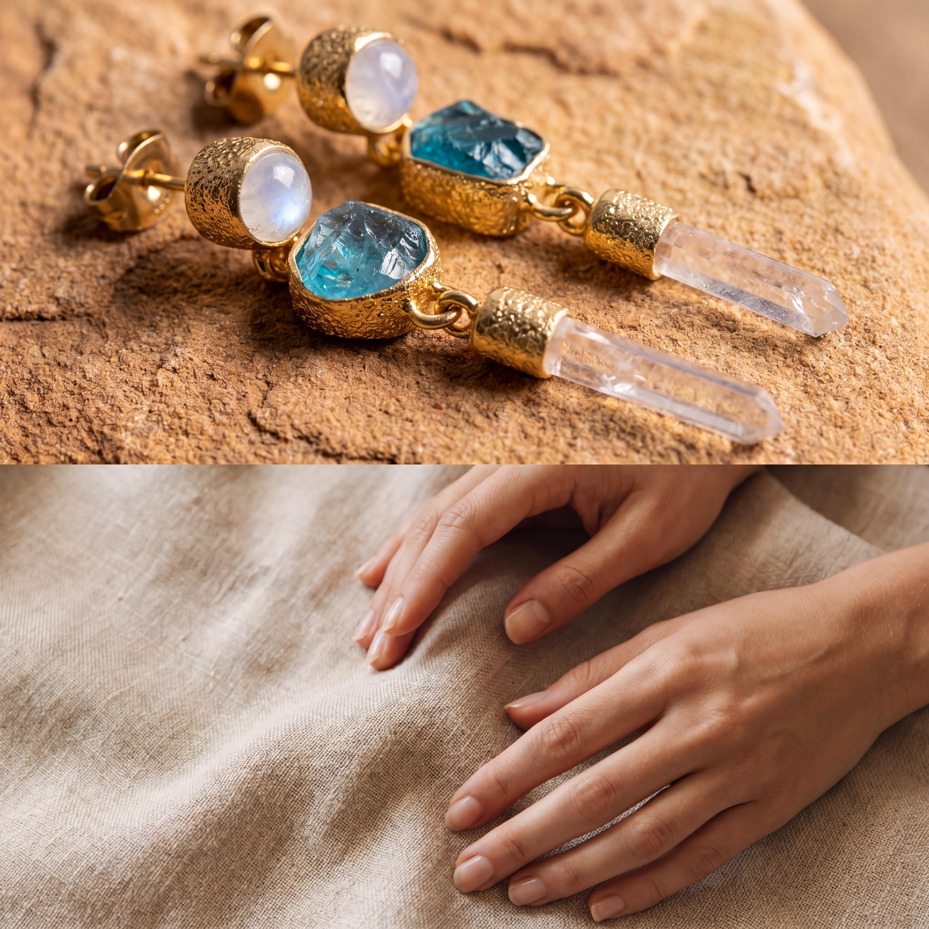 Moonstone Apatite Quartz Earrings, Sand Textured Sterling Silver, Gold Plated