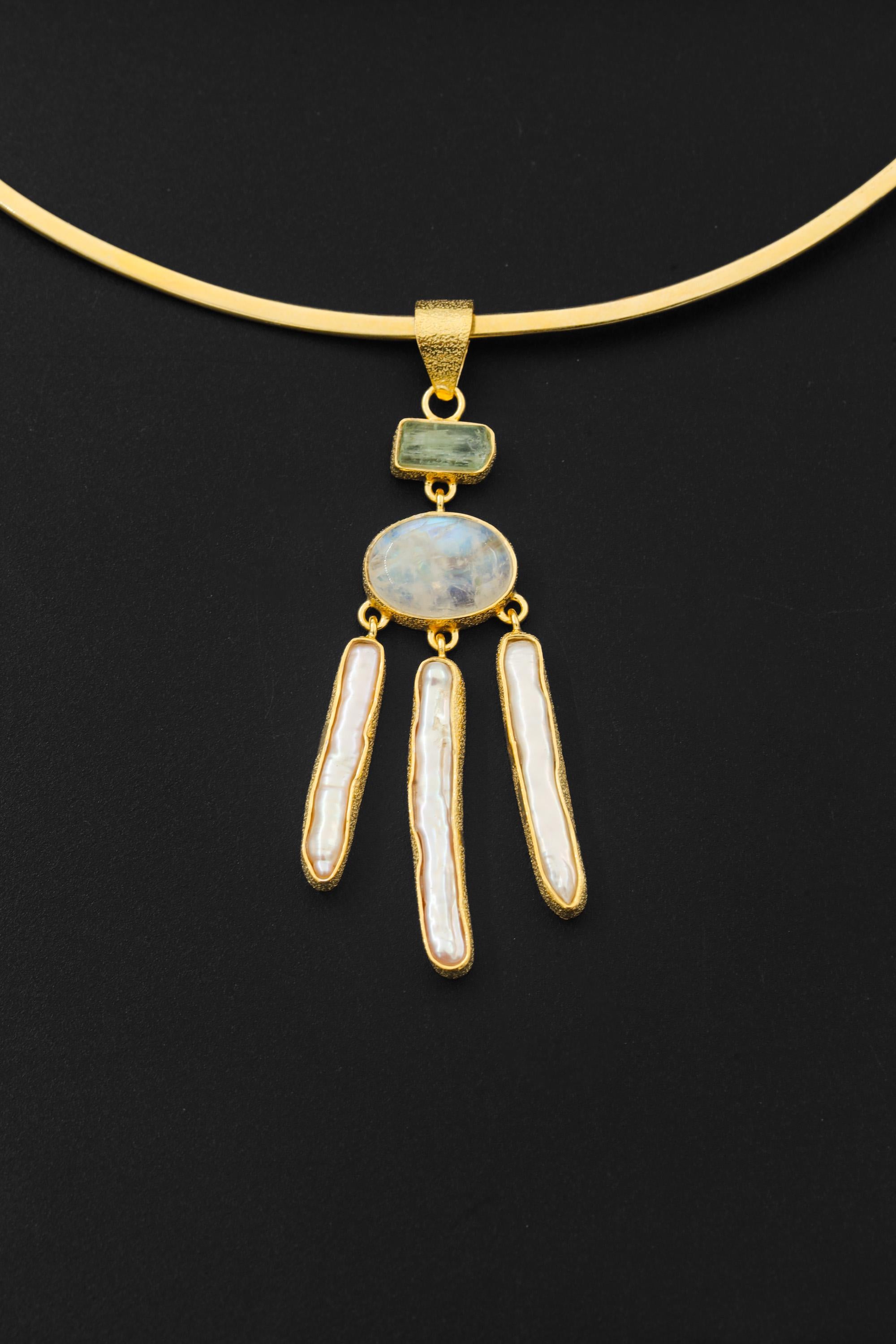 Aquamarine Moonstone Pearl Pendant, 18k Gold Plated Sterling Silver