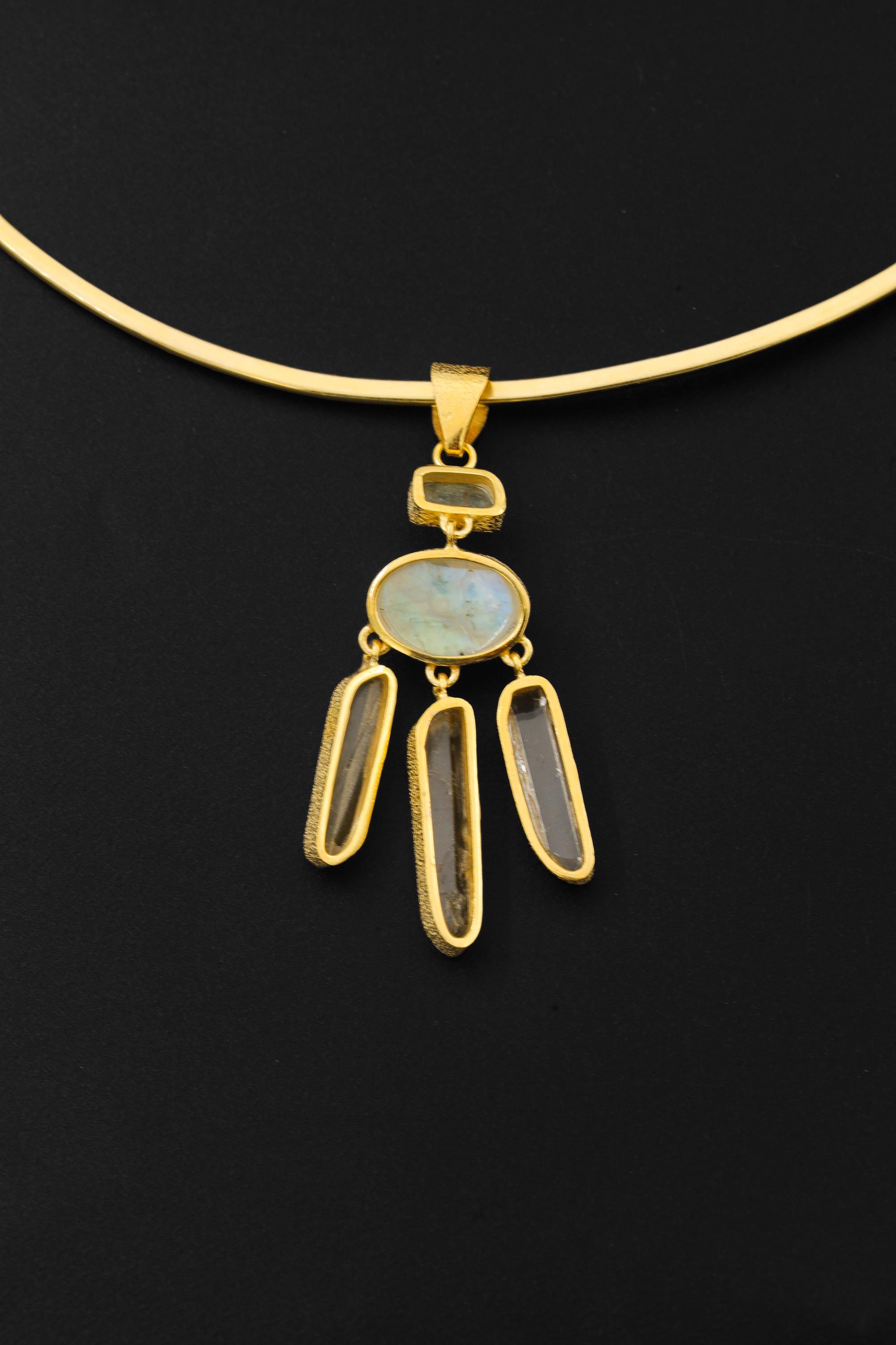 Aquamarine Blue Moonstone Quartz Pendant, 925 Silver 18K Gold Plated, Raw Crystal Dangle Necklace, Crown Chakra, Dream Catcher Jewelry