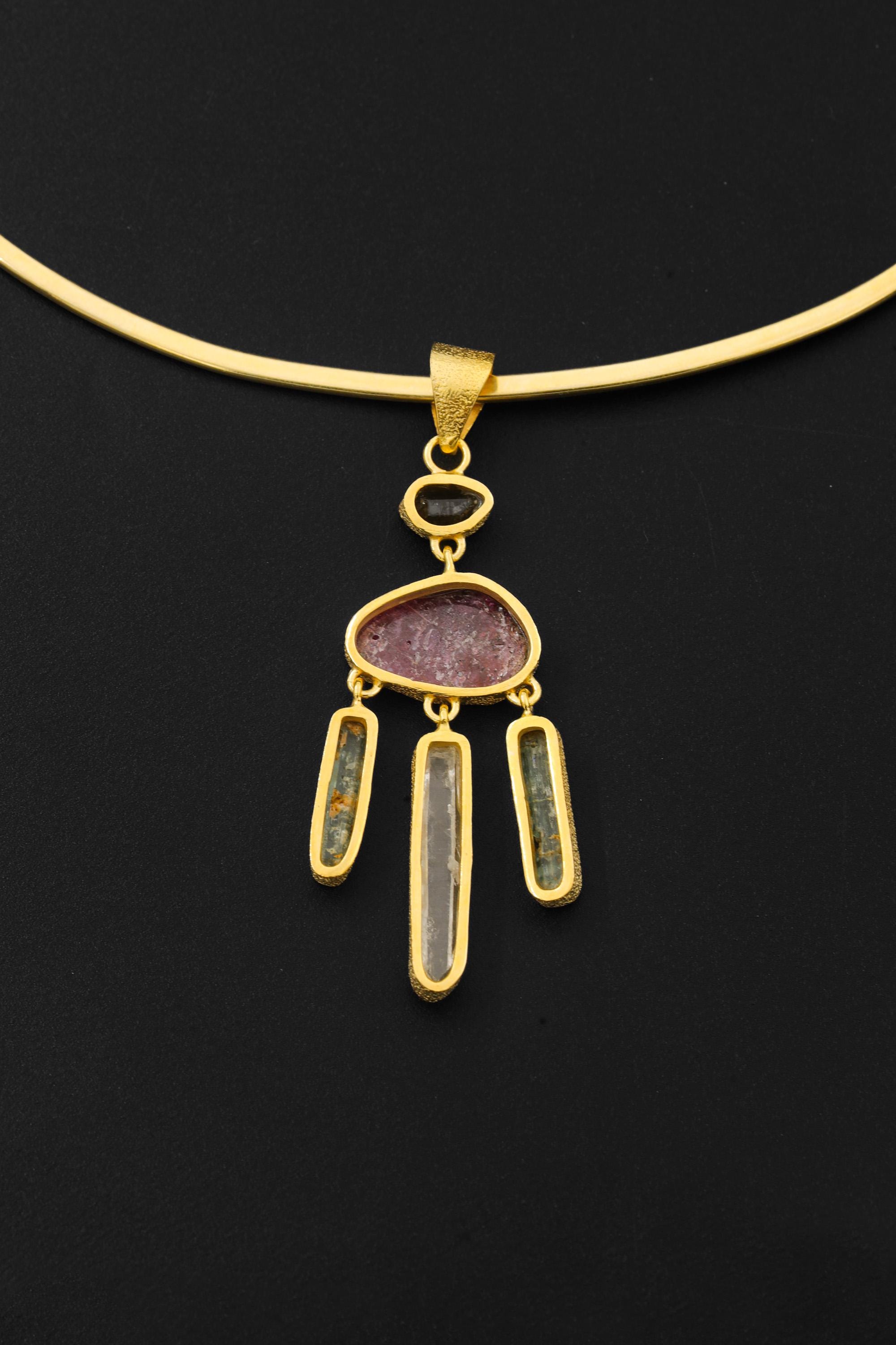 Ruby Aquamarine Petroleum Quartz Dreamcatcher Pendant, 18k Gold Over Sterling Silver