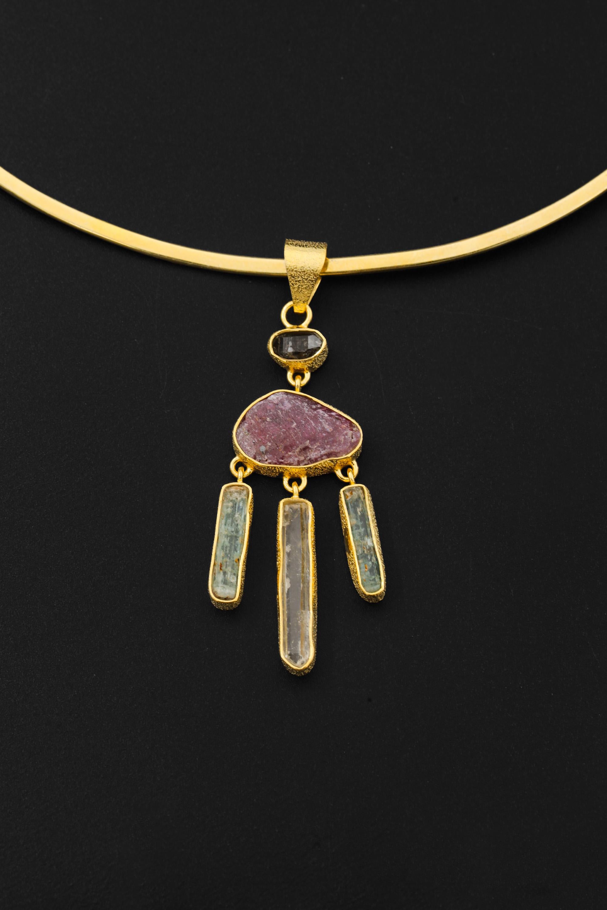 Ruby Aquamarine Petroleum Quartz Dreamcatcher Pendant, 18k Gold Over Sterling Silver