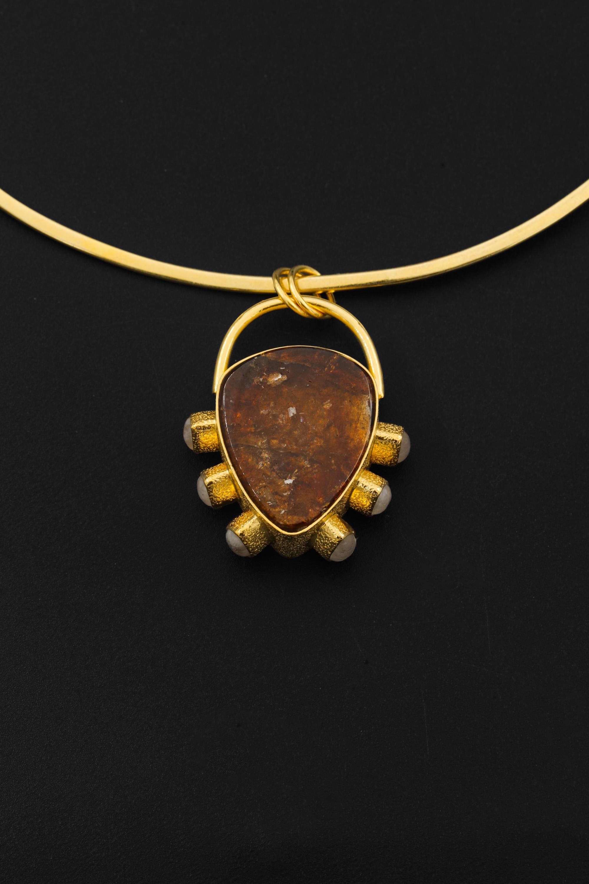 Dravite Tourmaline & Moonstone Pendant, 18k Gold Plated Silver, Organic Texture