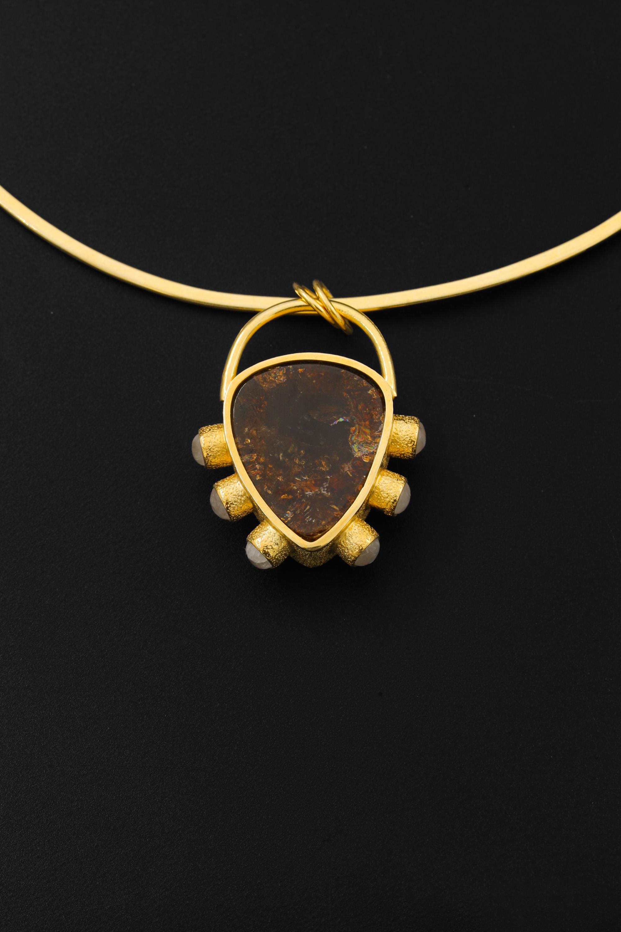Dravite Tourmaline & Moonstone Pendant, 18k Gold Plated Silver, Organic Texture