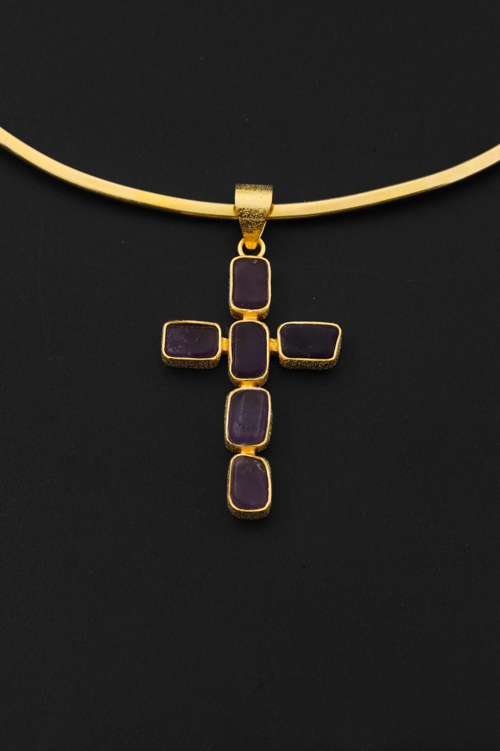 Raw Amethyst Cross Pendant, 18K Gold Plated 925 Silver, Spiritual Necklace