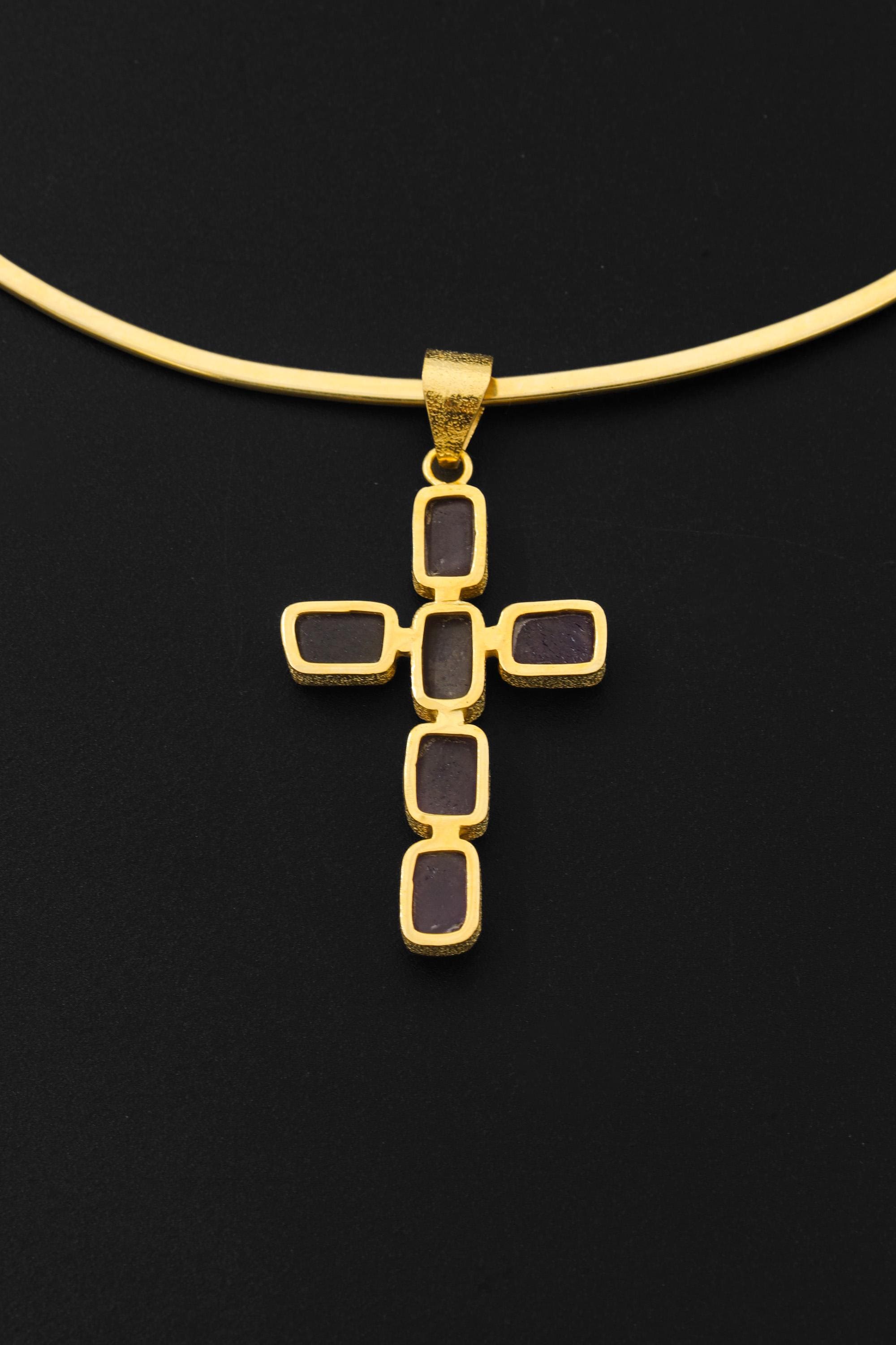 Amethyst Cross Pendant 925 Sterling Silver 18k Gold Plated Raw Violet Stones Crown Chakra Spiritual Gift
