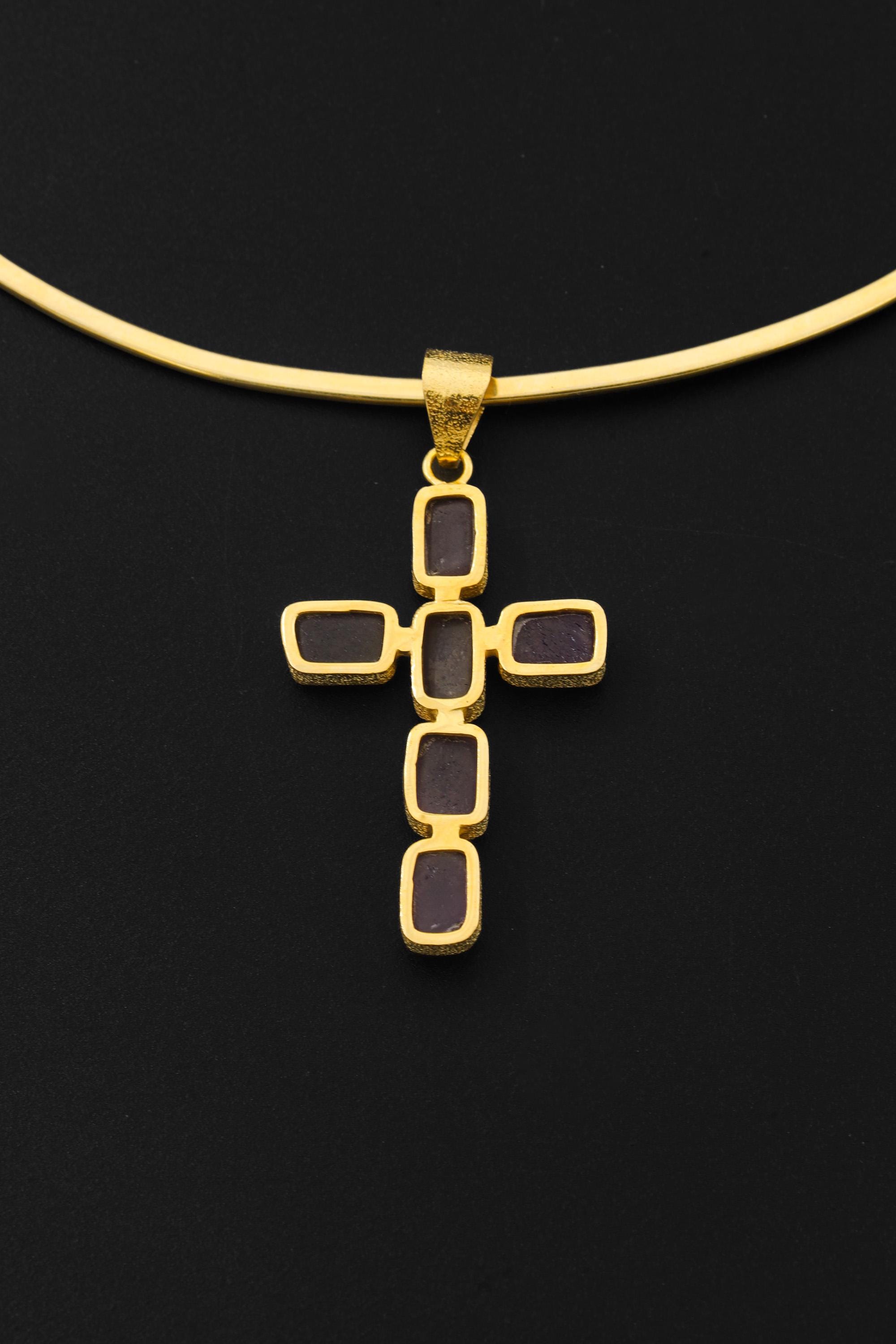 Raw Amethyst Cross Pendant, 18K Gold Plated 925 Silver, Spiritual Necklace