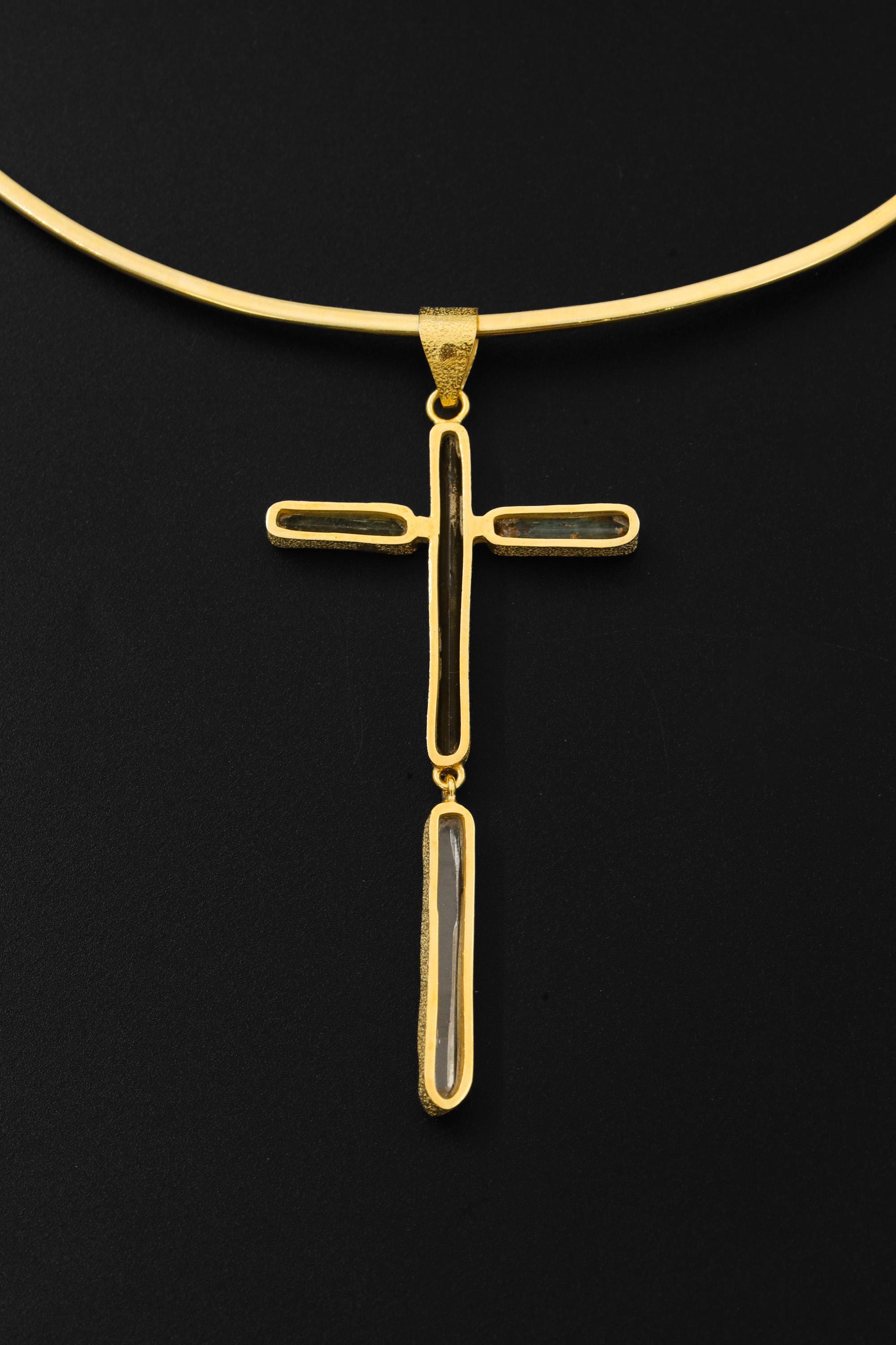 Aquamarine Black Tourmaline Cross Pendant, 18K Gold Plated Silver, Spiritual Necklace