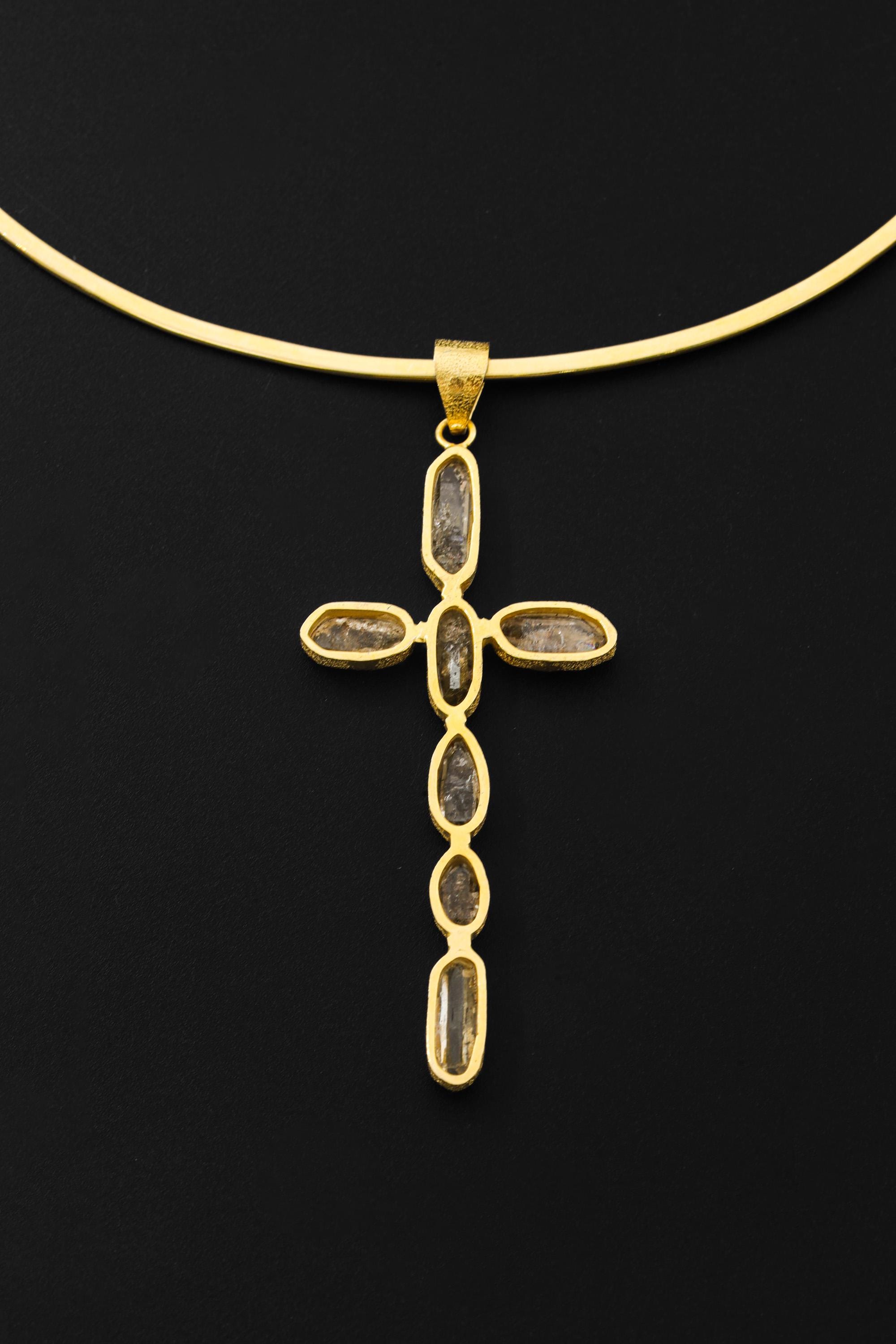 18K Gold Petroleum Smoky Quartz Cross Pendant, 925 Silver Talisman