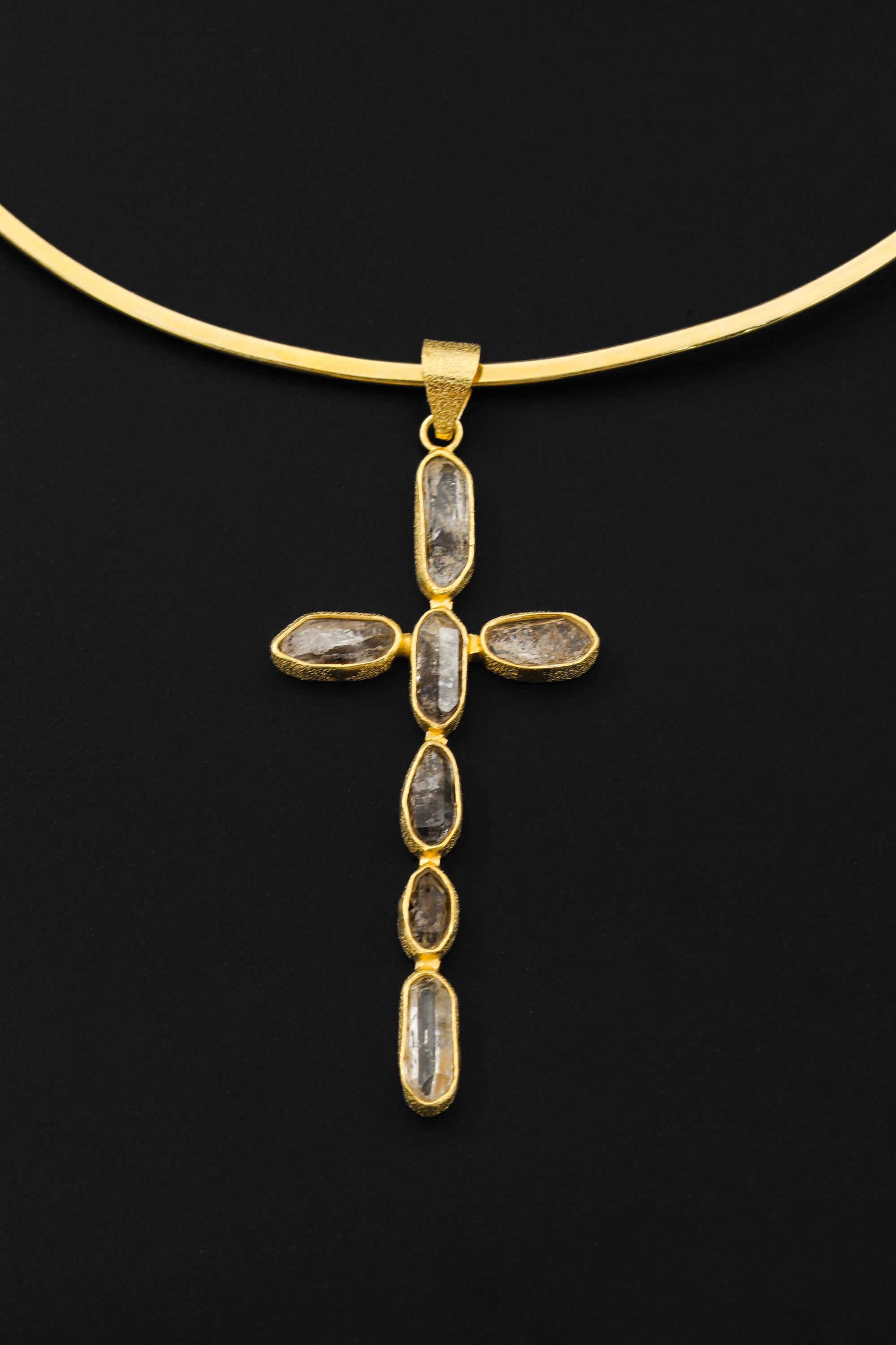 18K Gold Petroleum Smoky Quartz Cross Pendant, 925 Silver Talisman