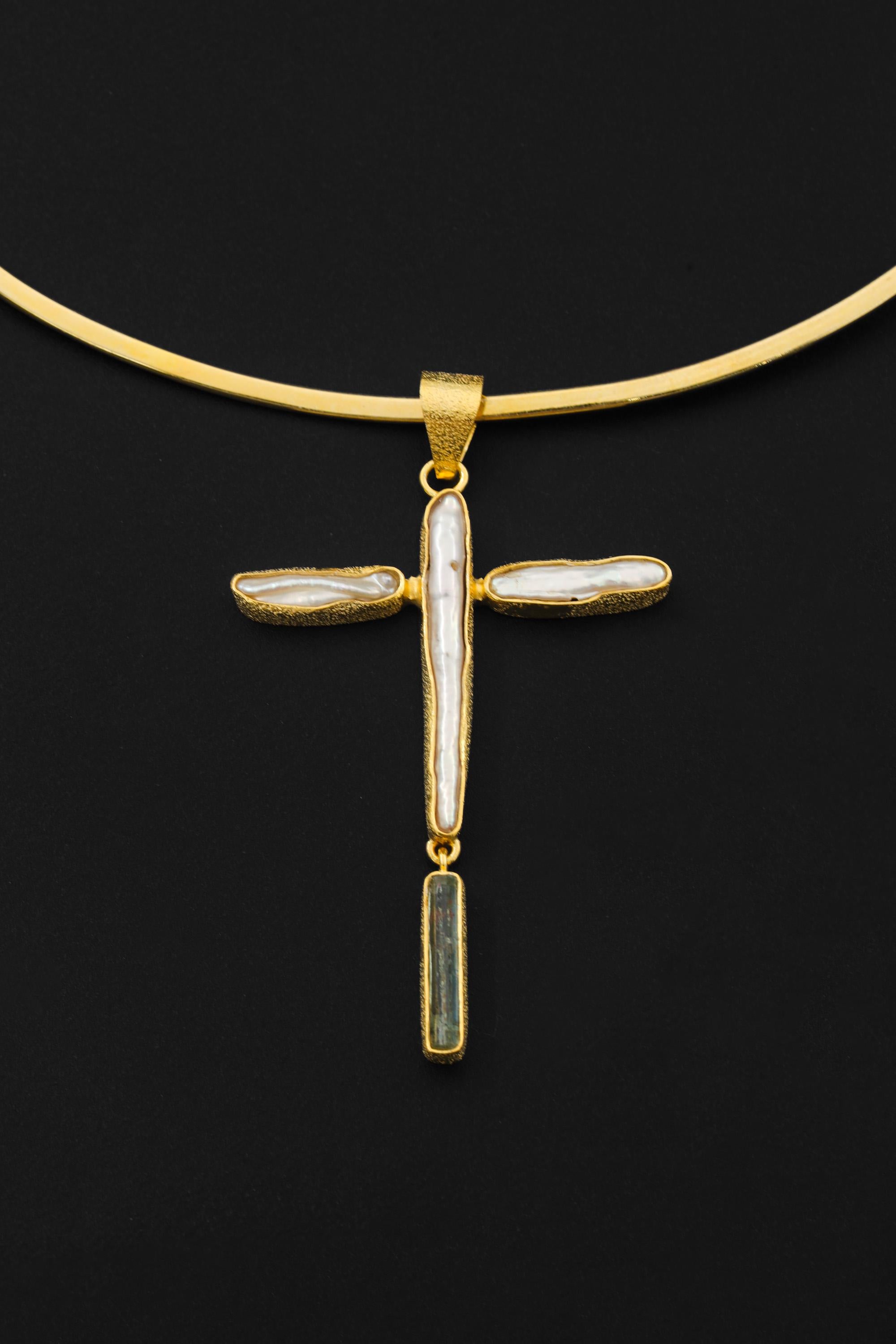 Raw Aquamarine Pearl Cross Pendant, 18k Gold Plated Silver