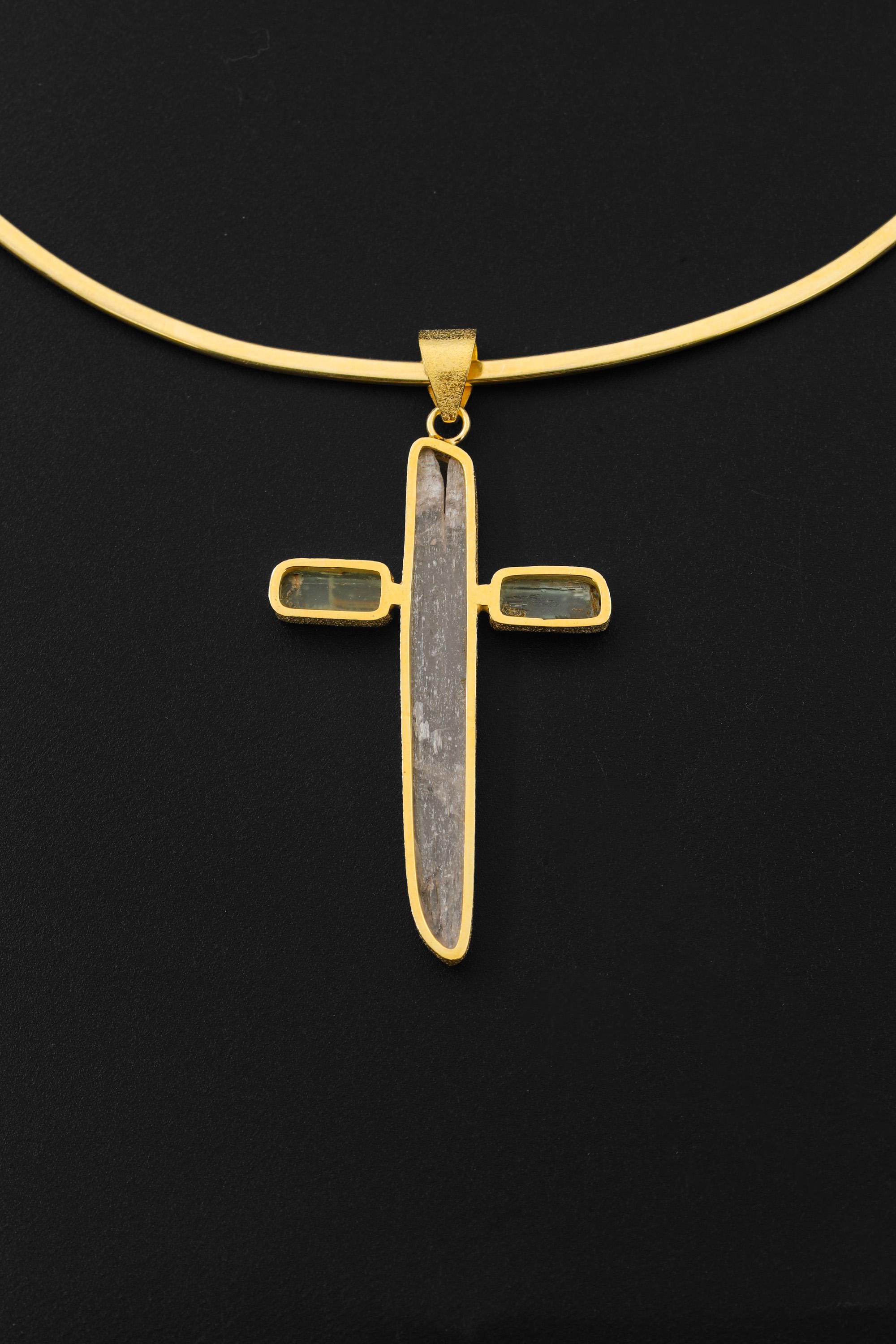 Handmade Kunzite Aquamarine Cross Pendant, 18k Gold Plated Silver