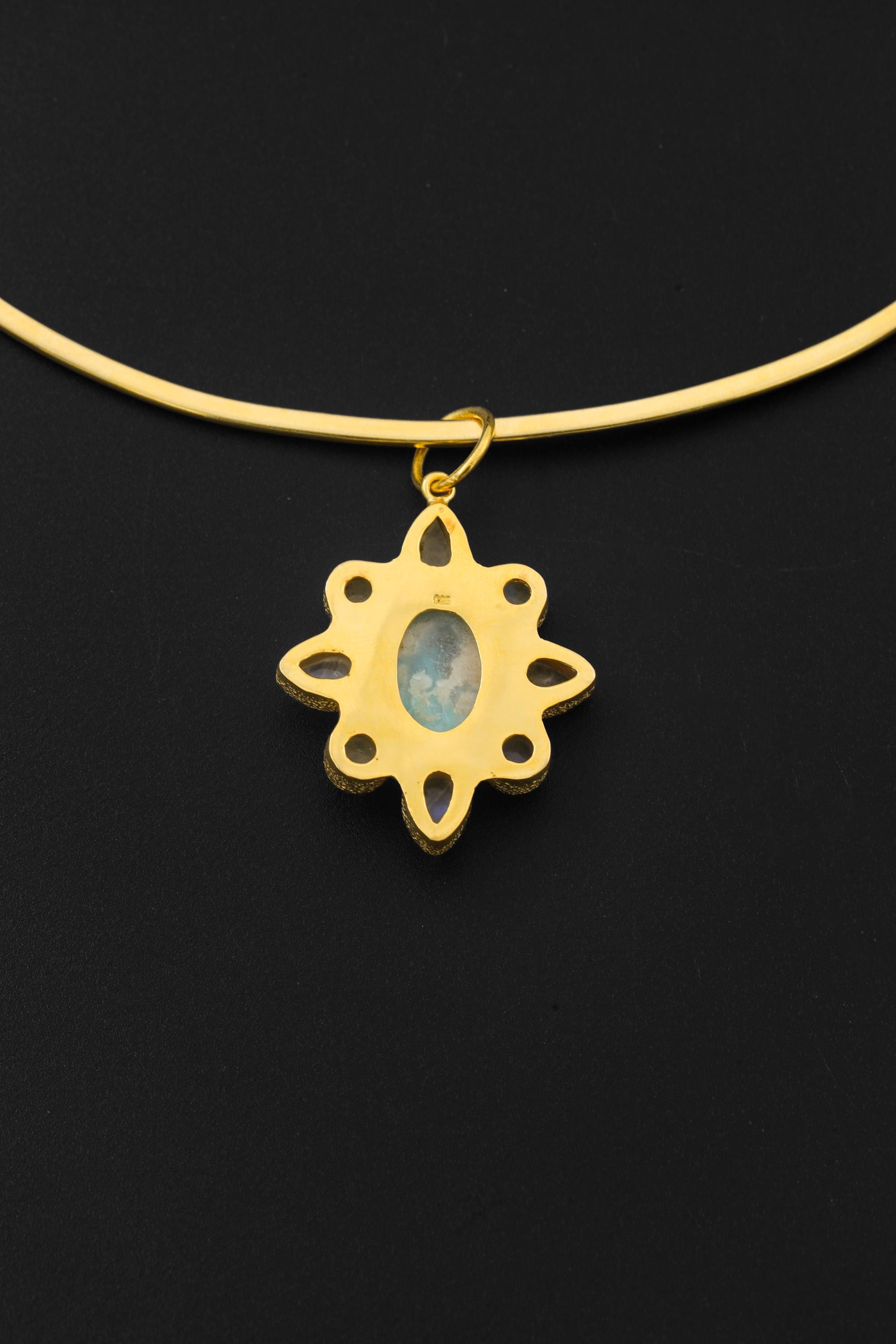 Larimar Blue Moonstone Flower Pendant, 18K Gold Plated 925 Silver, Handmade Amulet