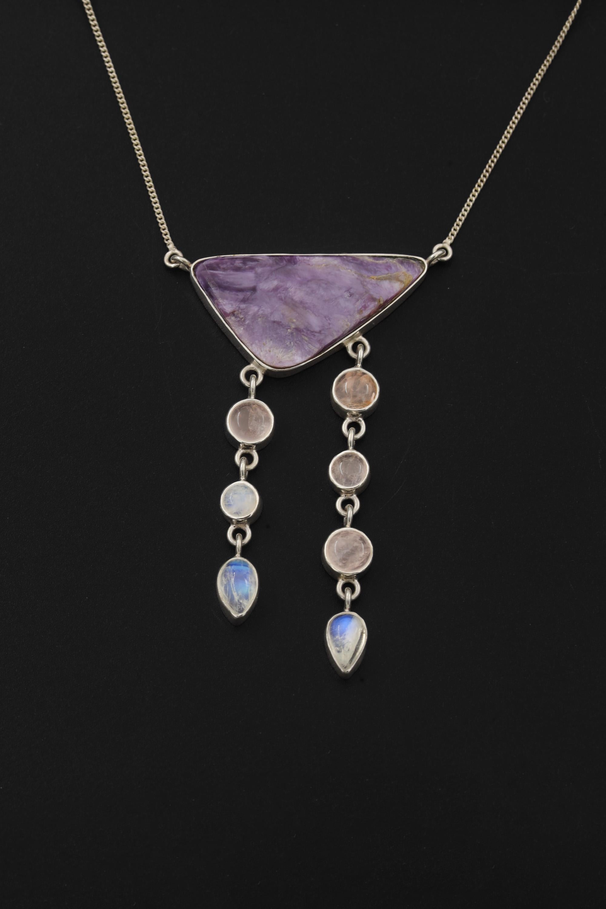 Chlorite Cabochon Pendant: Rose Quartz, Moonstone & Sterling Silver Chakra Necklace