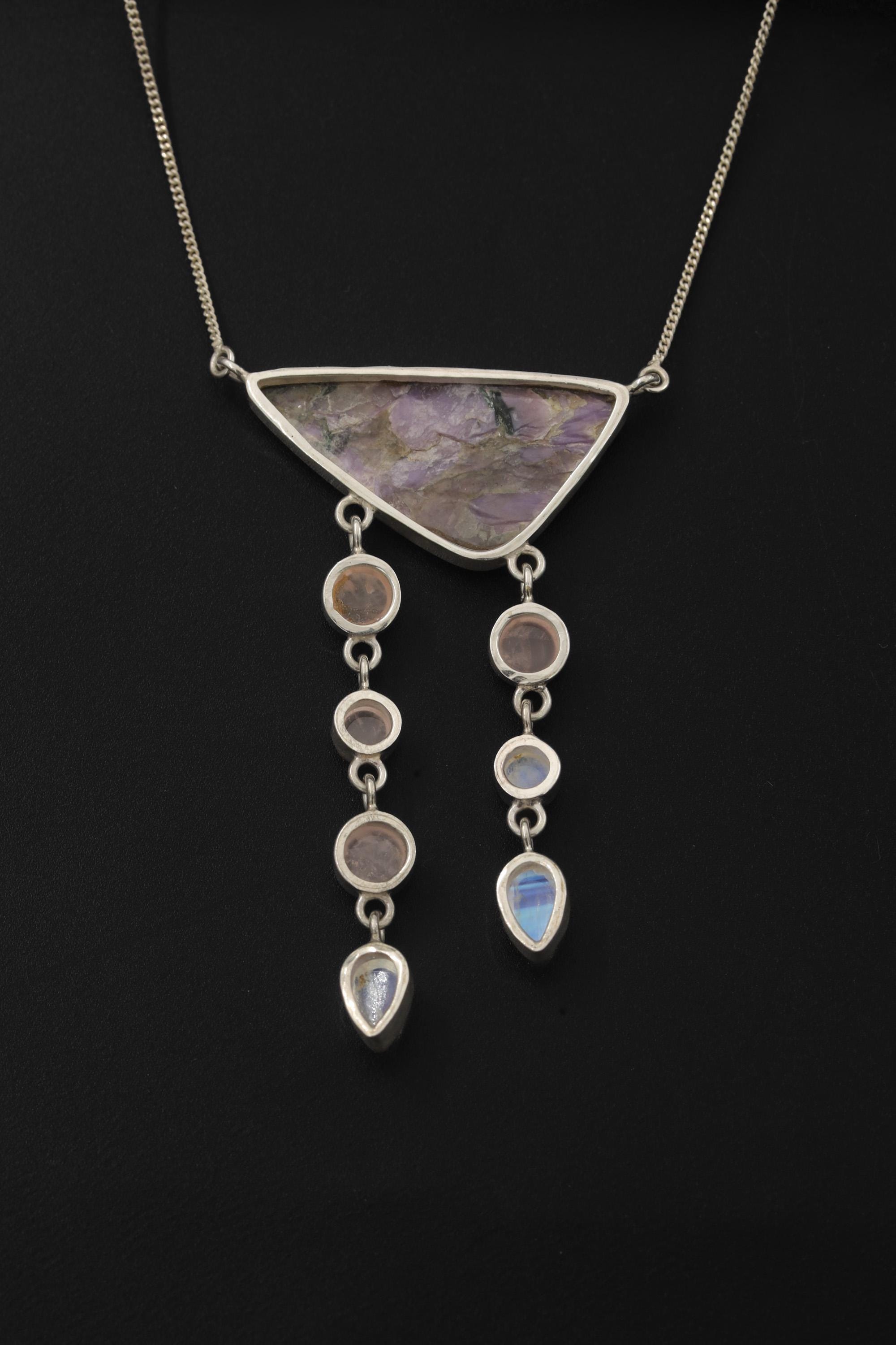 Chlorite Cabochon Pendant: Rose Quartz, Moonstone & Sterling Silver Chakra Necklace