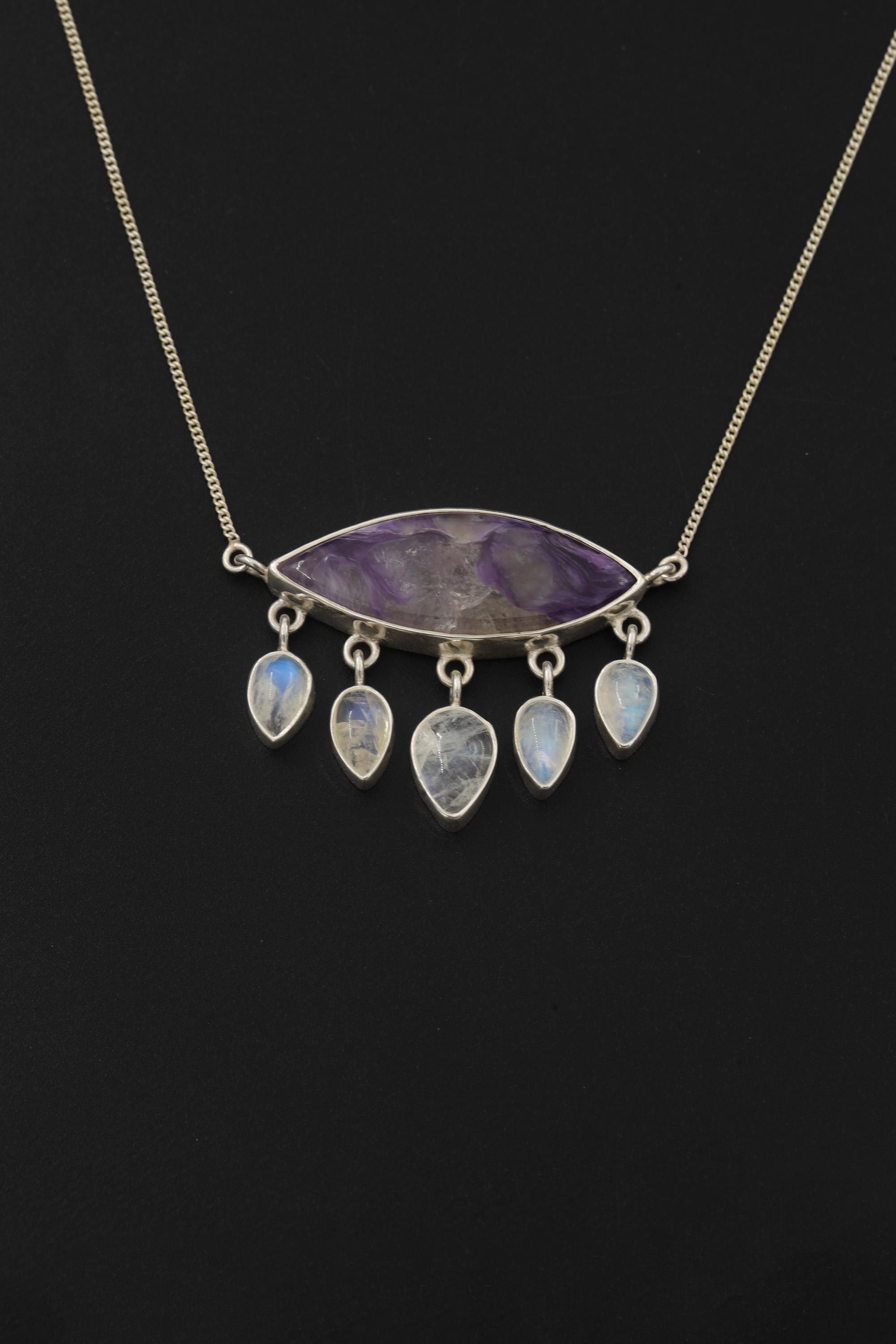Charoite Moonstone Sterling Silver Pendant: Crying Eye, Third Eye, Scorpio Zodiac
