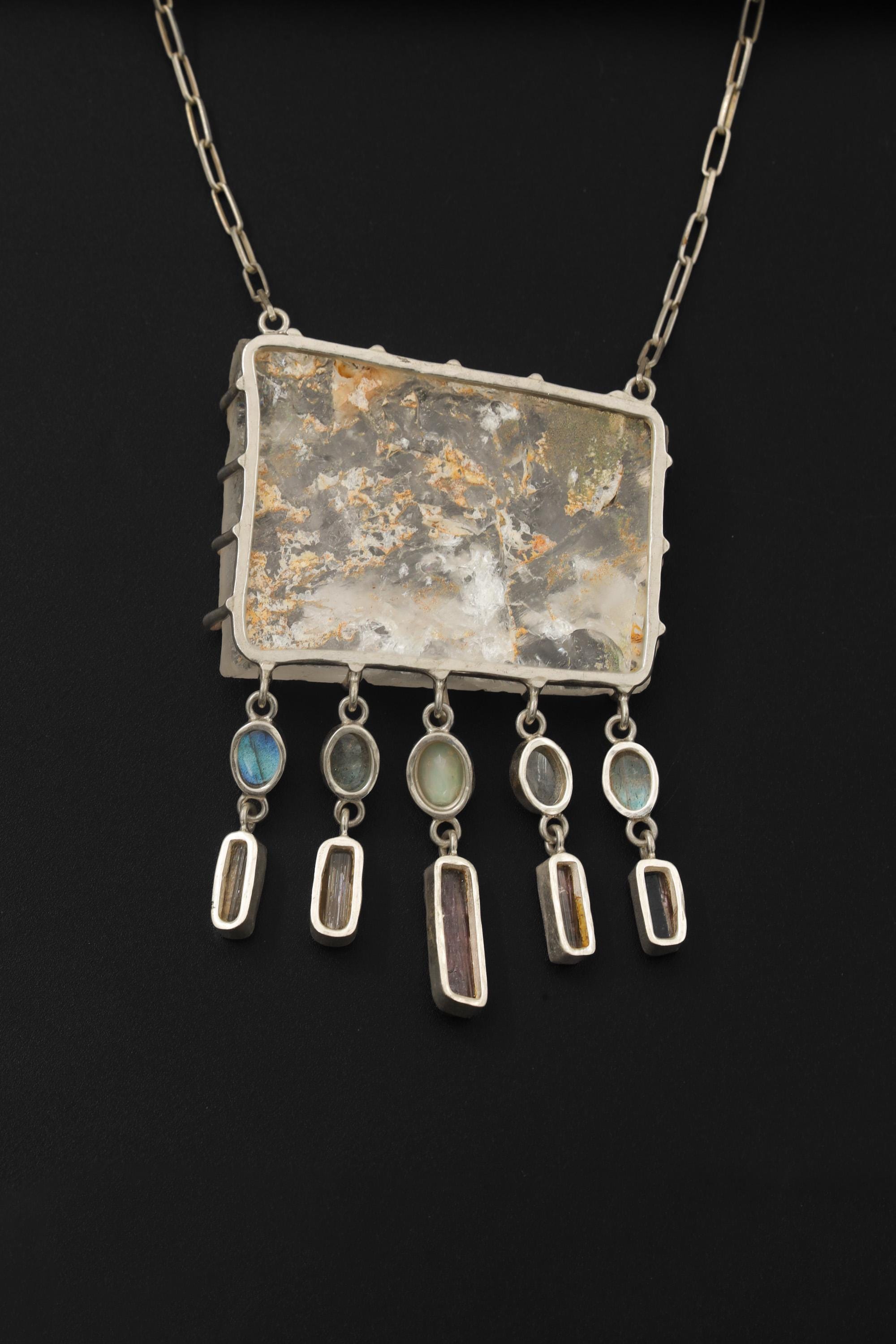 Inclusion Quartz Pendant Necklace: Sterling Silver, Tourmaline, Opal & Labradorite