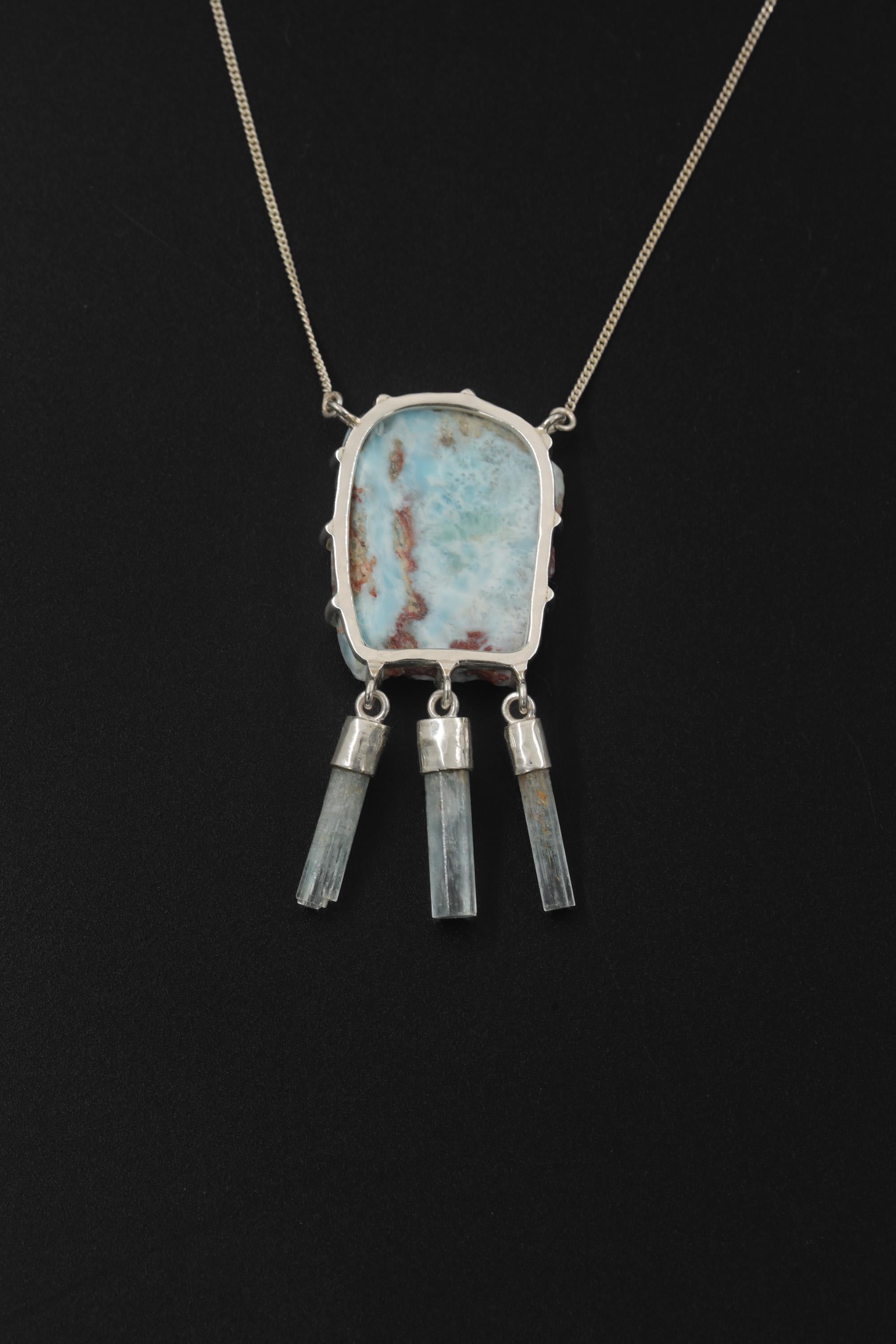 Raw Larimar Aquamarine Necklace: Sterling Silver Pisces Zodiac Pendant