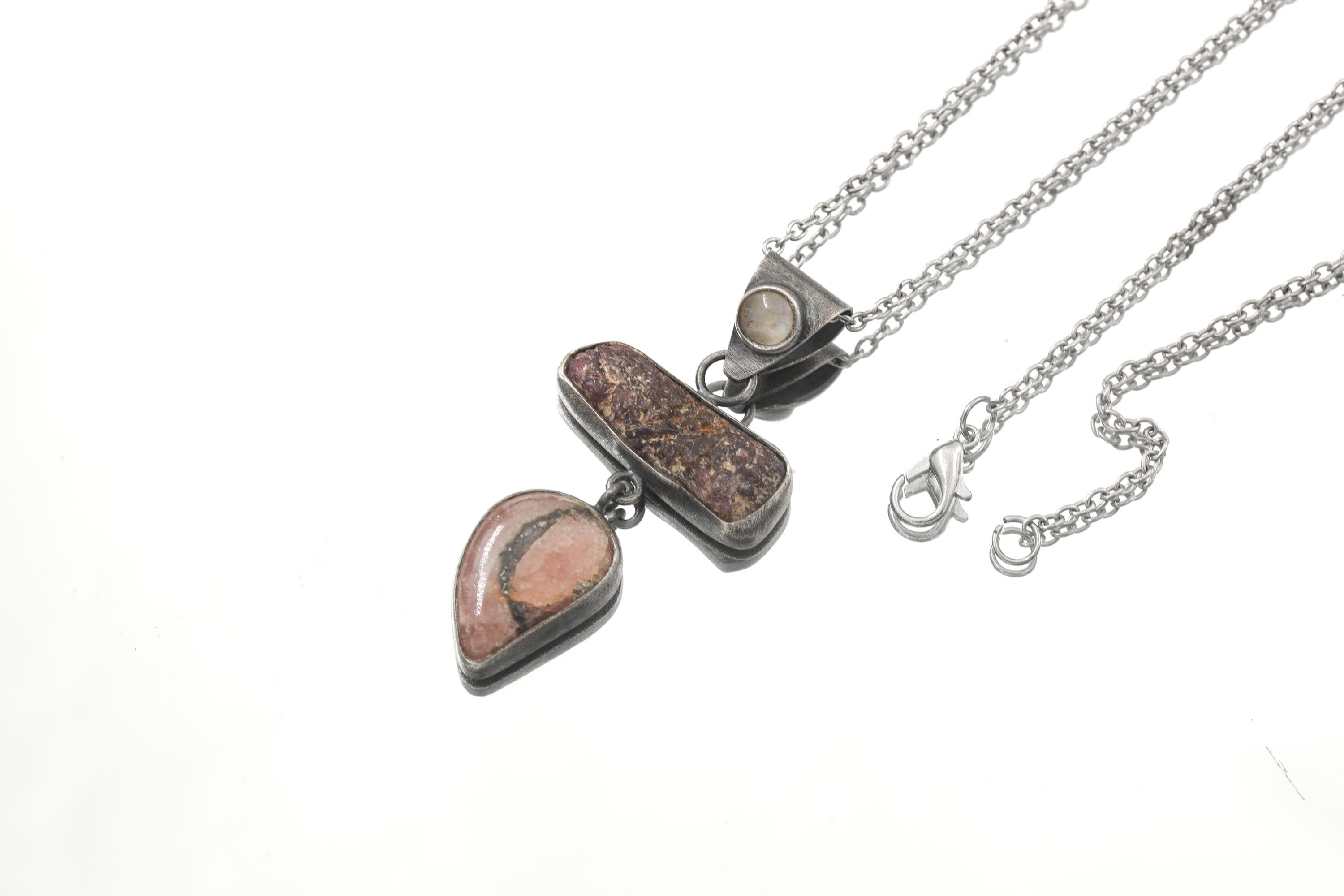 Moonstone Raw Ruby Rhodochrosite Pendant, Oxidized Sterling Silver, Brushed Dangle Charm, Heart Root Chakra, Cancer Leo