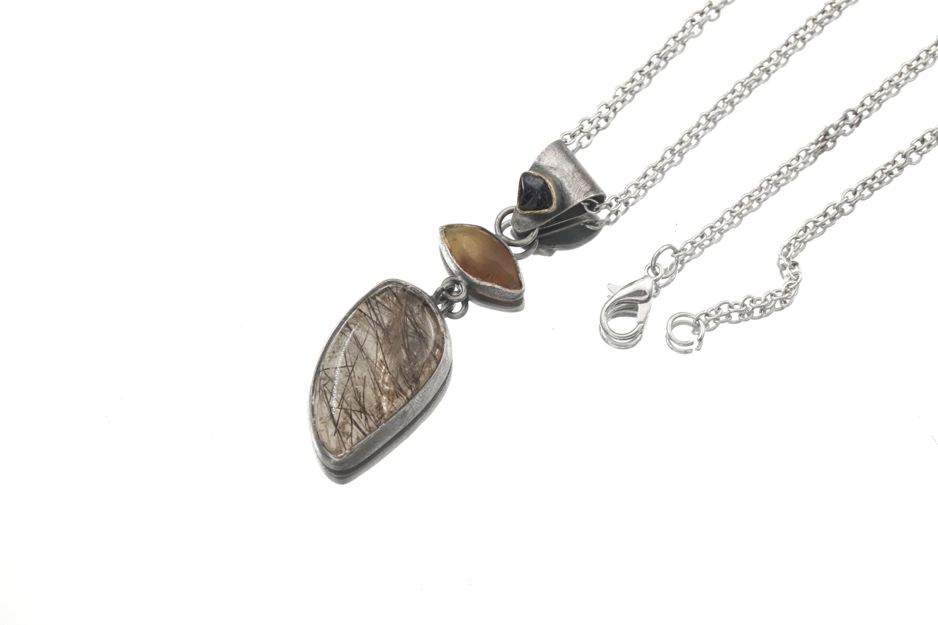 Ethiopian Opal Sapphire Black Rutile Quartz Pendant, Oxidized Sterling Silver Eye Charm, Brush Texture, Aged Look Talisman