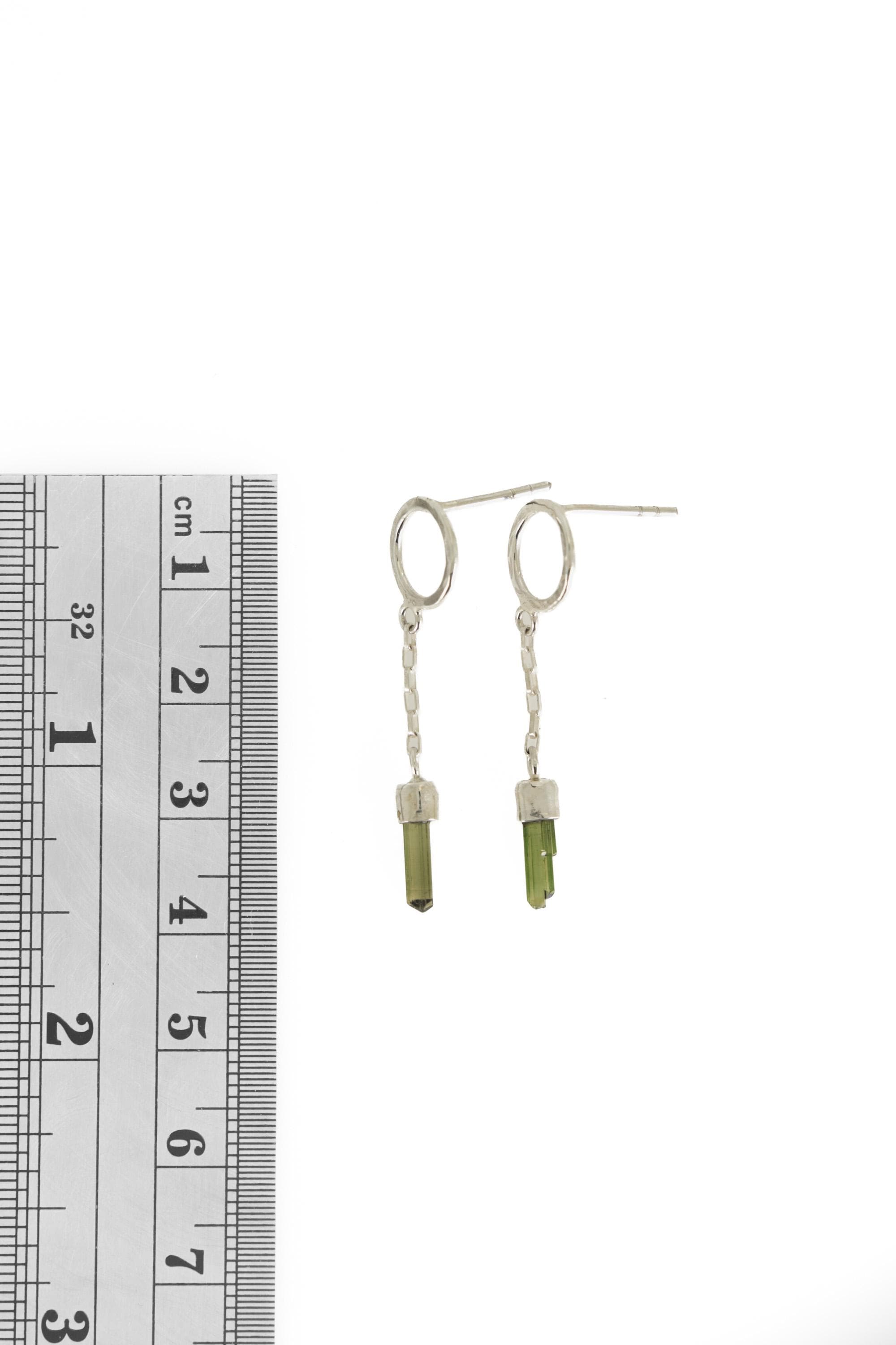 Green Tourmaline Earrings: Raw Gem, Hammered Sterling Silver Chain Studs