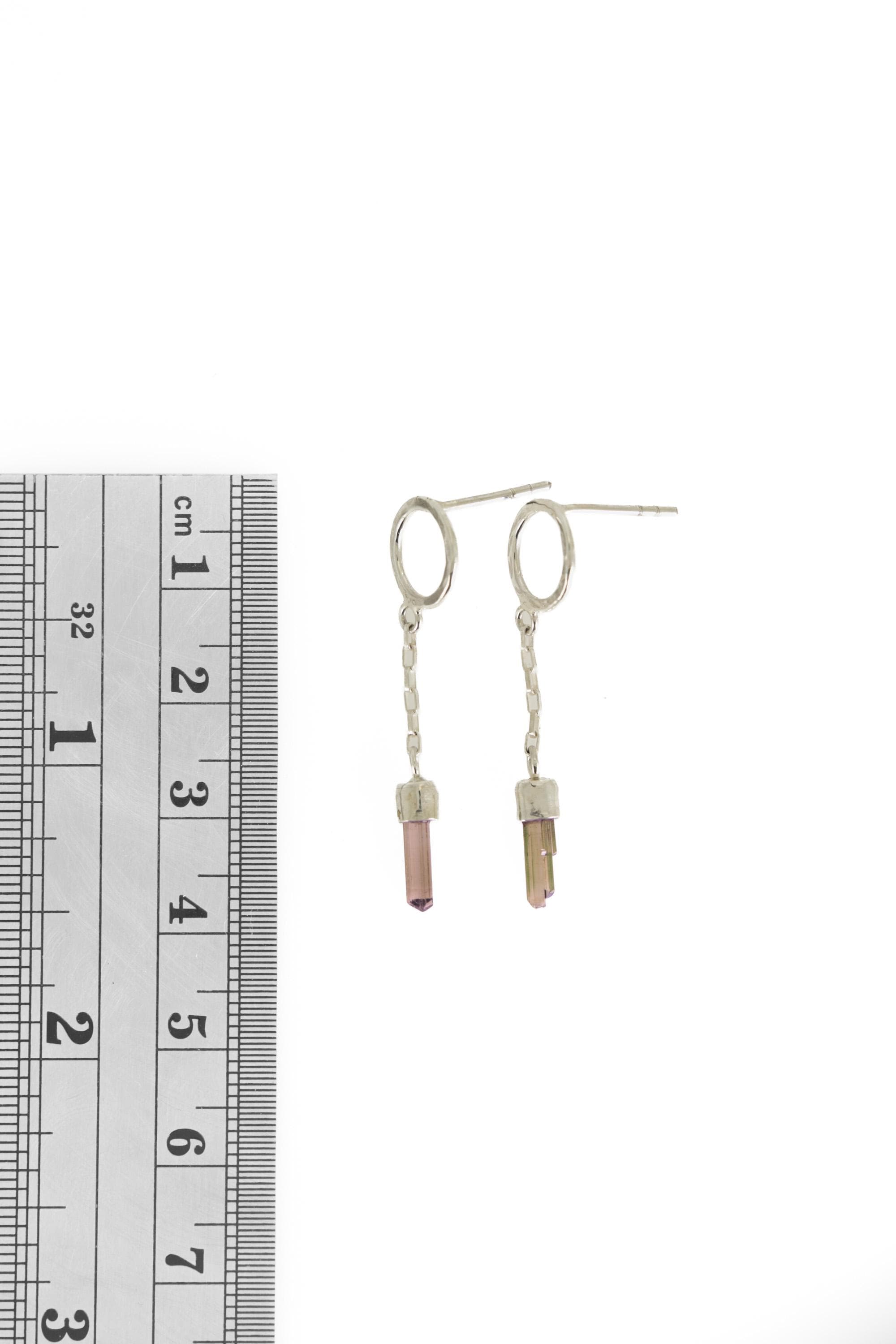 Pink Tourmaline Sterling Silver Chain Earrings: Hammered Stud Dangle