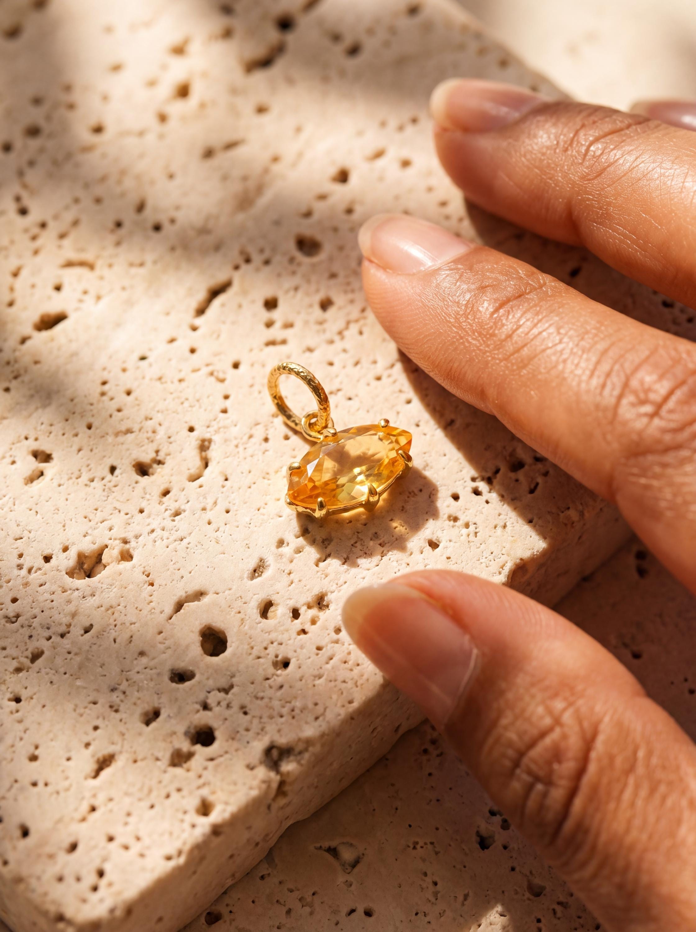 Claw Set Natural citrine Eye Pendant, Gold Plated 925 Sterling Sand textured Silver, Faceted Marquise Crystal, Throat Chakra December Gift