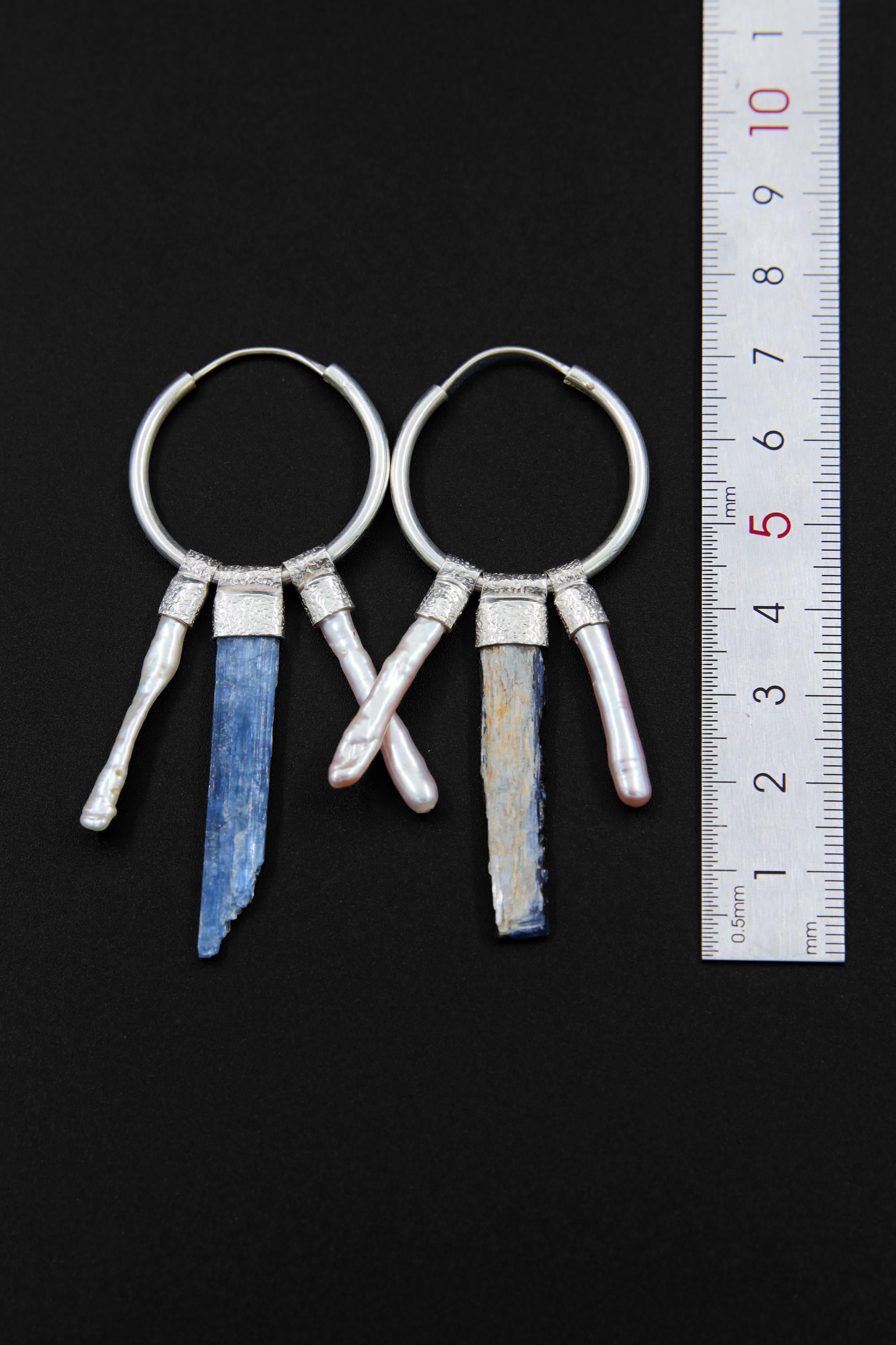 Blue Kyanite & Pearl Sterling Silver Hoop Earrings: Chakra Jewelry